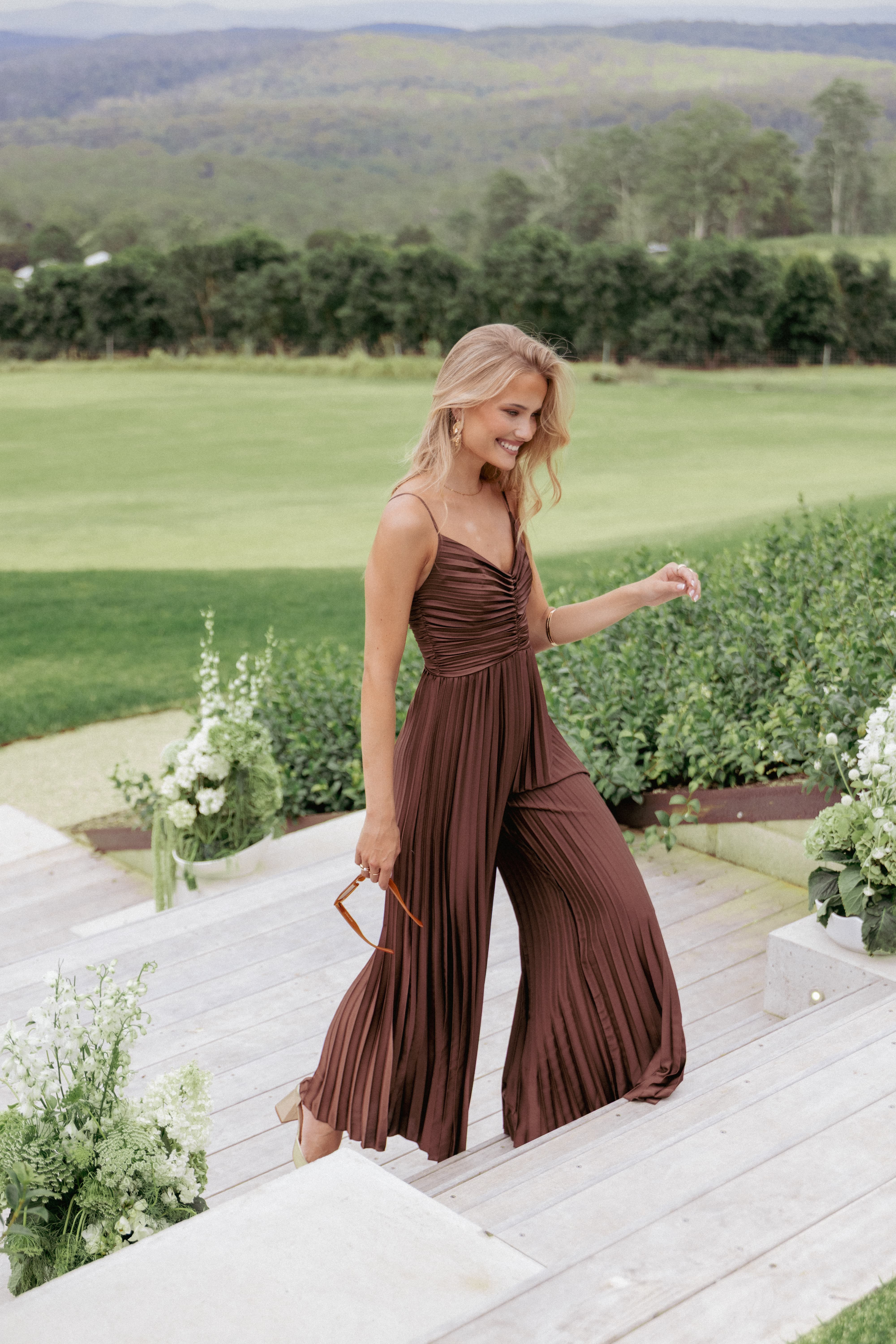 Angelique Pleated Jumpsuit - Chocolate Brown