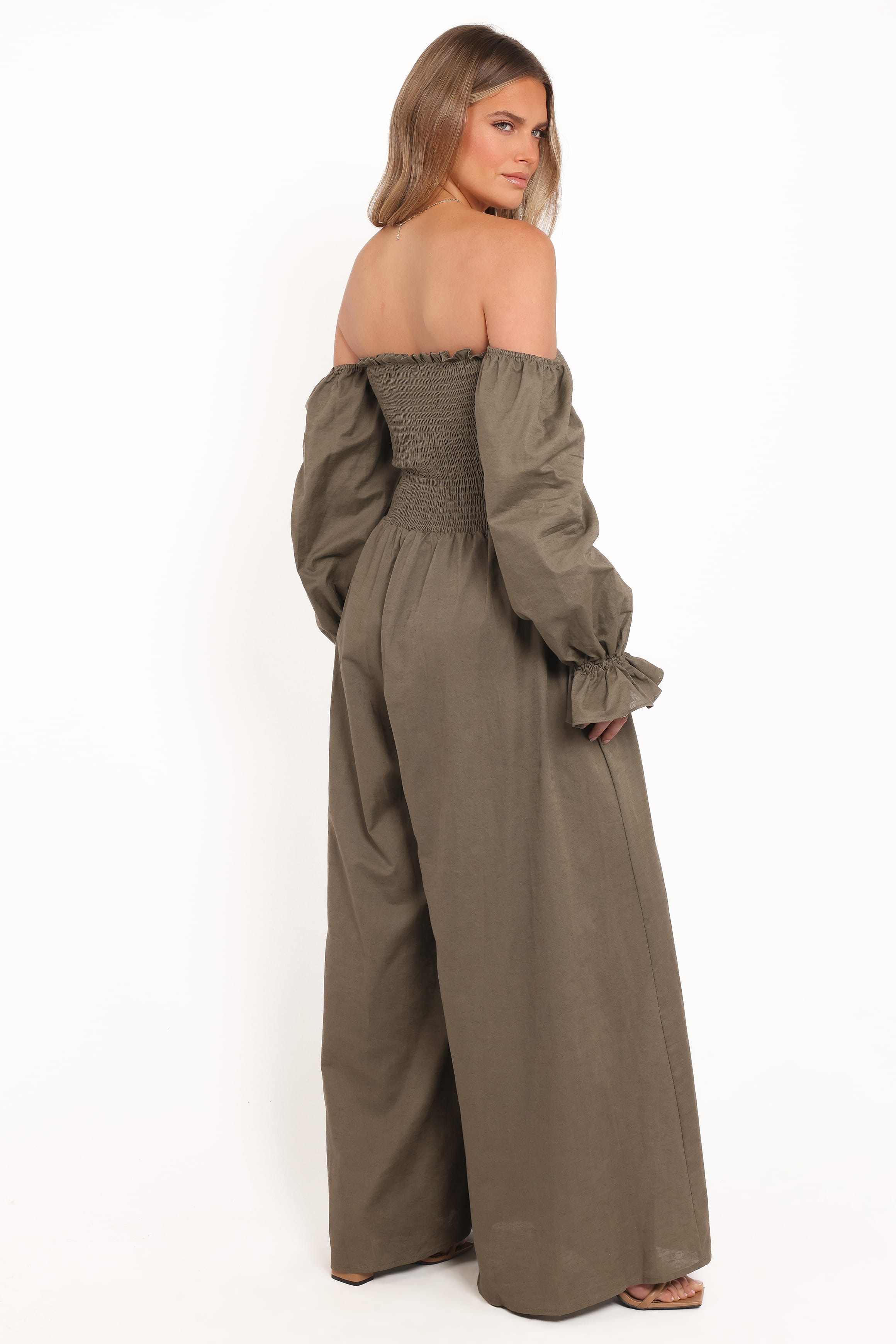 Domenica Shirred Long Sleeve Jumpsuit - Olive