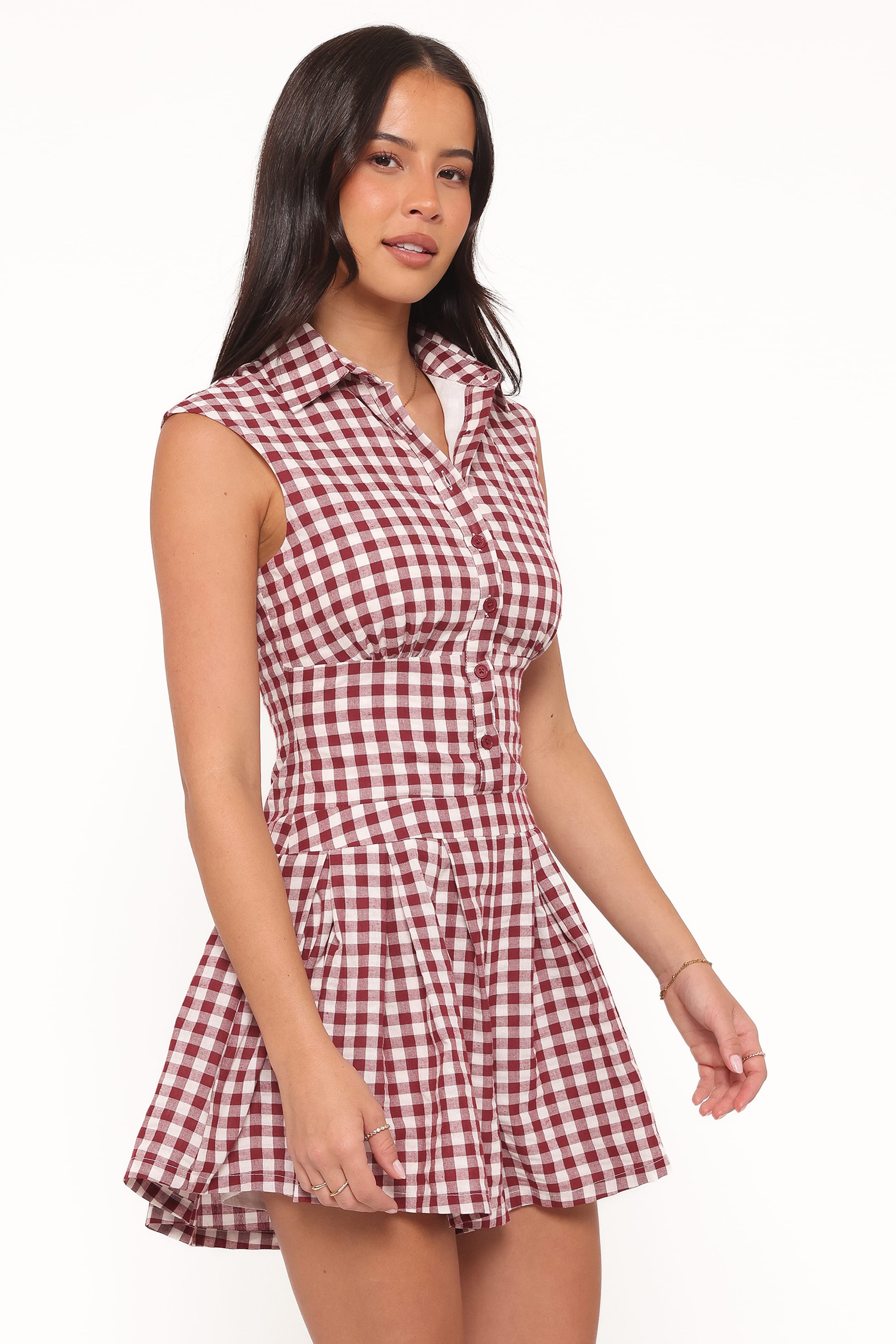 Helen Button Front Romper - Burgundy Gingham