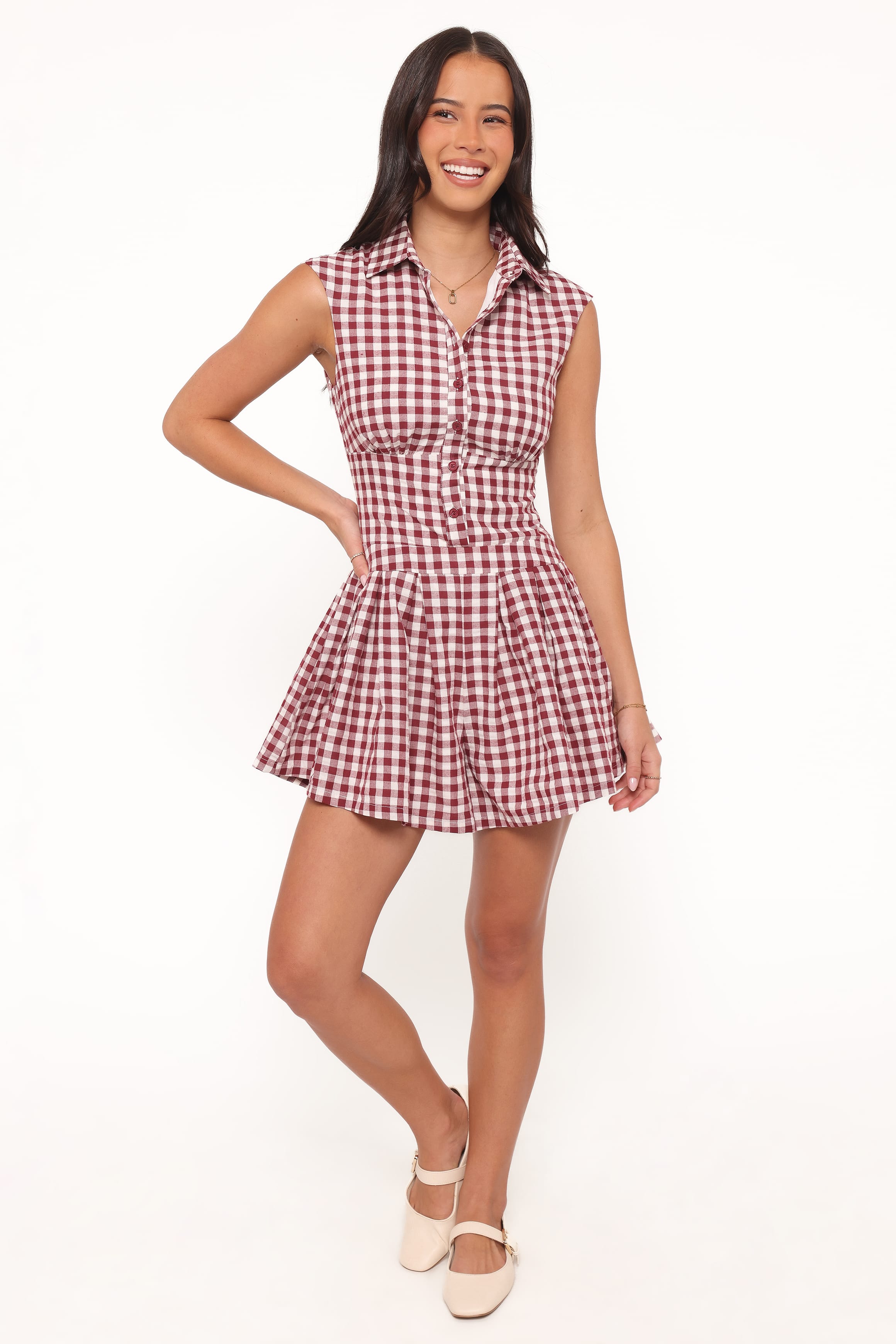 Helen Button Front Romper - Burgundy Gingham