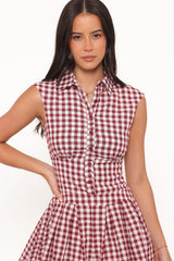 Helen Button Front Romper - Burgundy Gingham