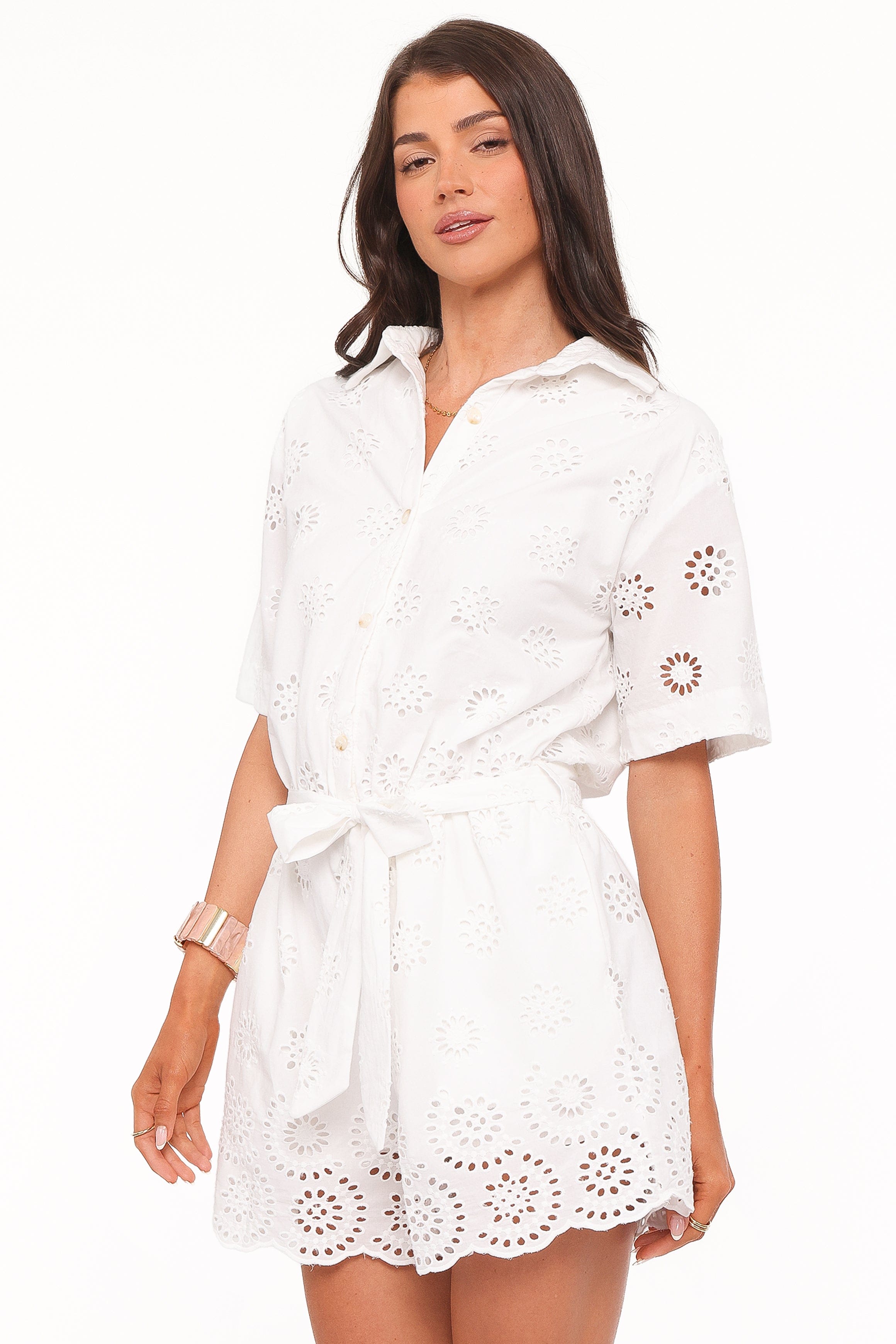 Jamie Tie Front Romper - White Broderie