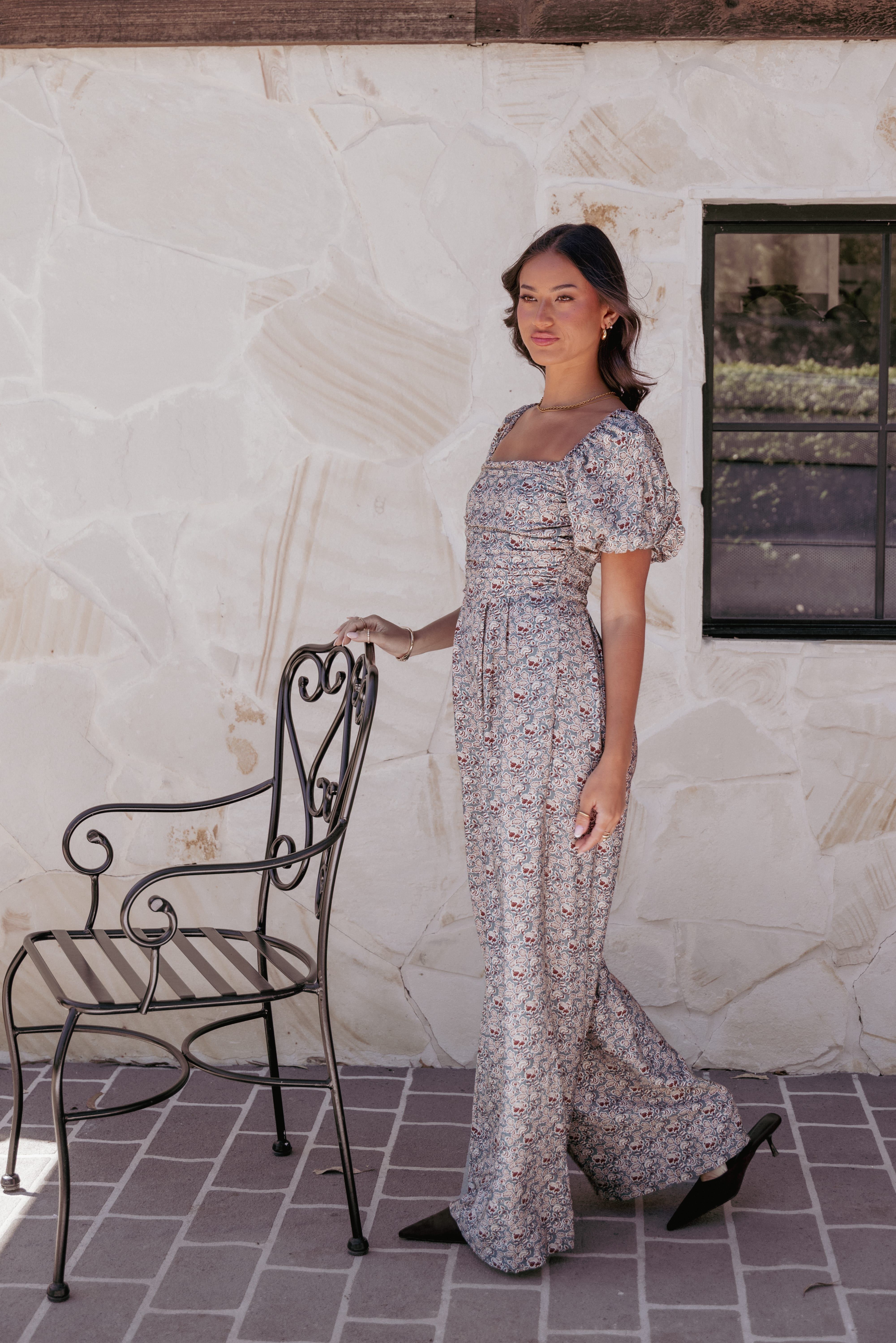 Jayda Puff Sleeve Jumpsuit - Grey Floral