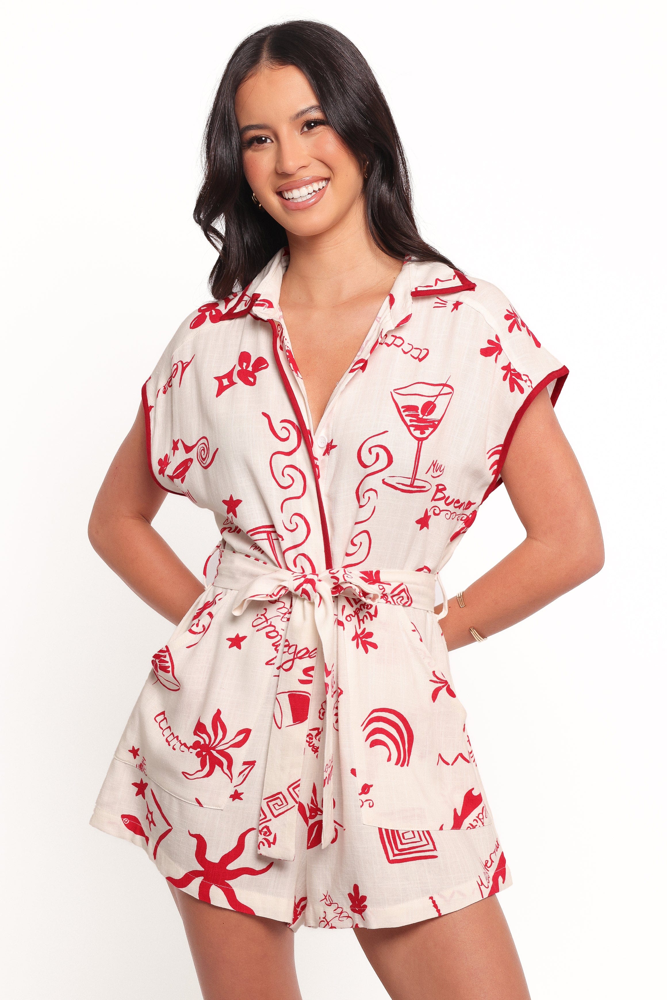 Kensie Tie Waist Romper - Red