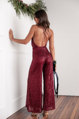 Khianna Sequin One Shoulder Jumpsuit - Red