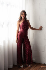 Khianna Sequin One Shoulder Jumpsuit - Red
