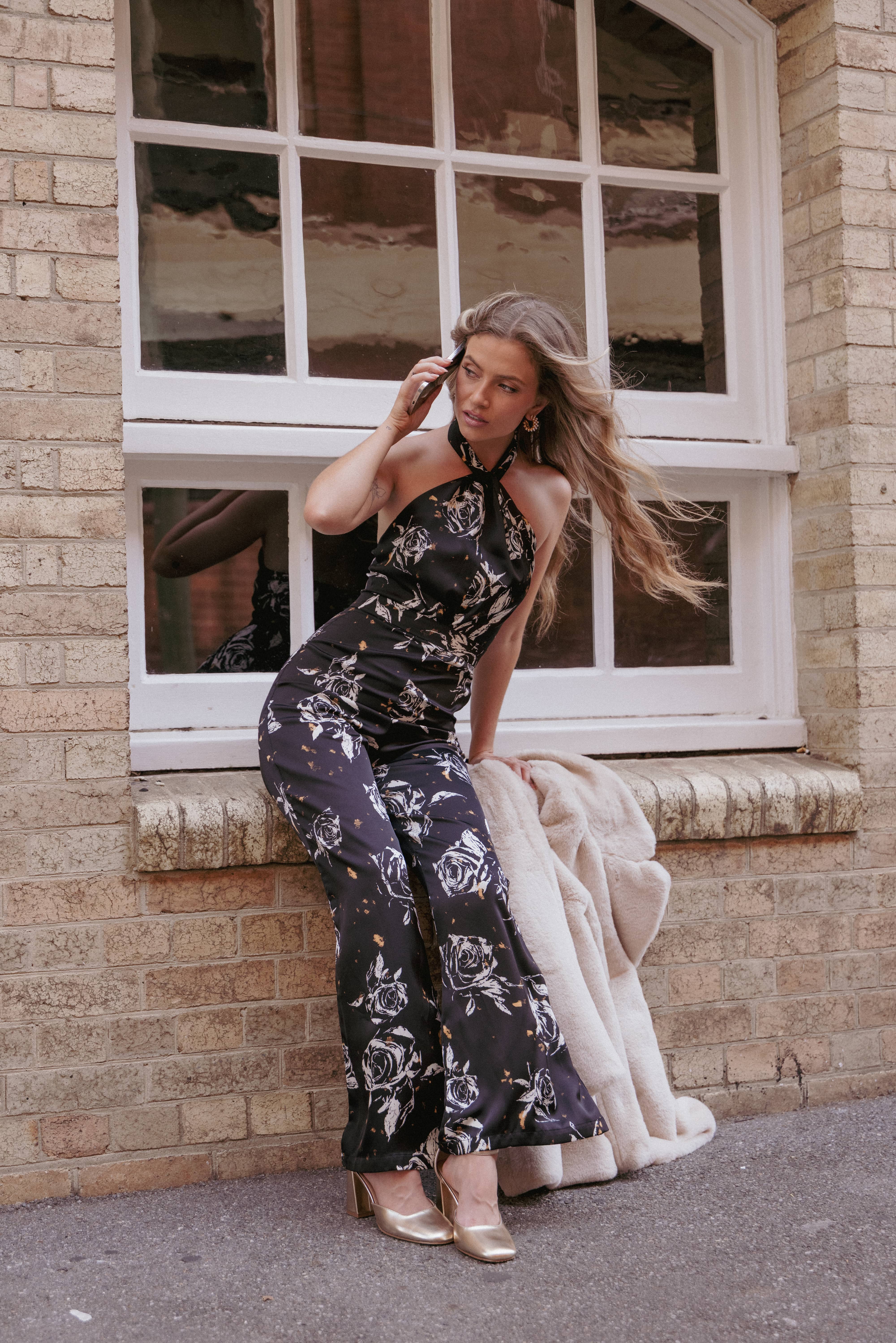 Raelynn Halter Jumpsuit - Black Floral