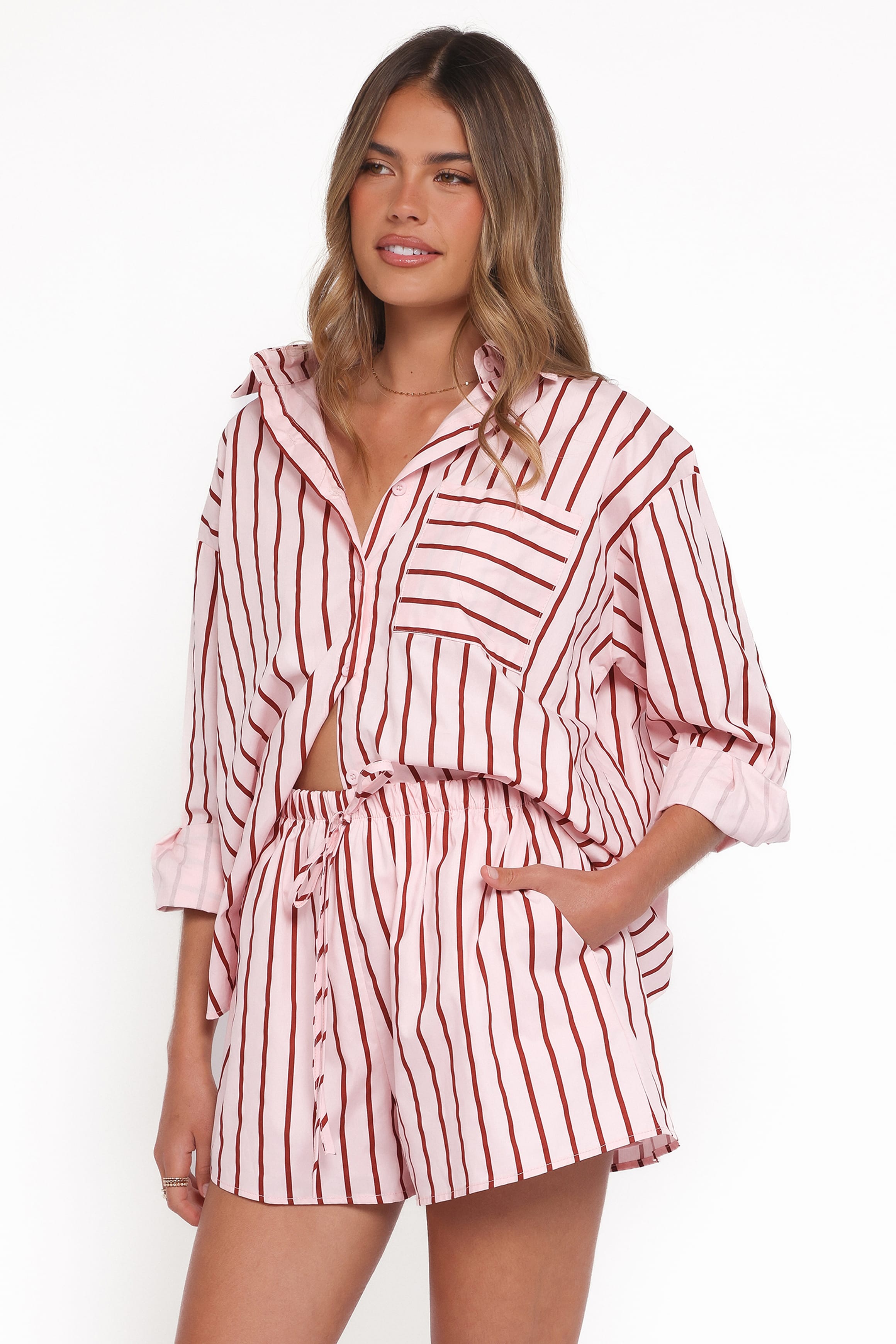 Ashlyn Short Set - Pink And Burgundy Stripe