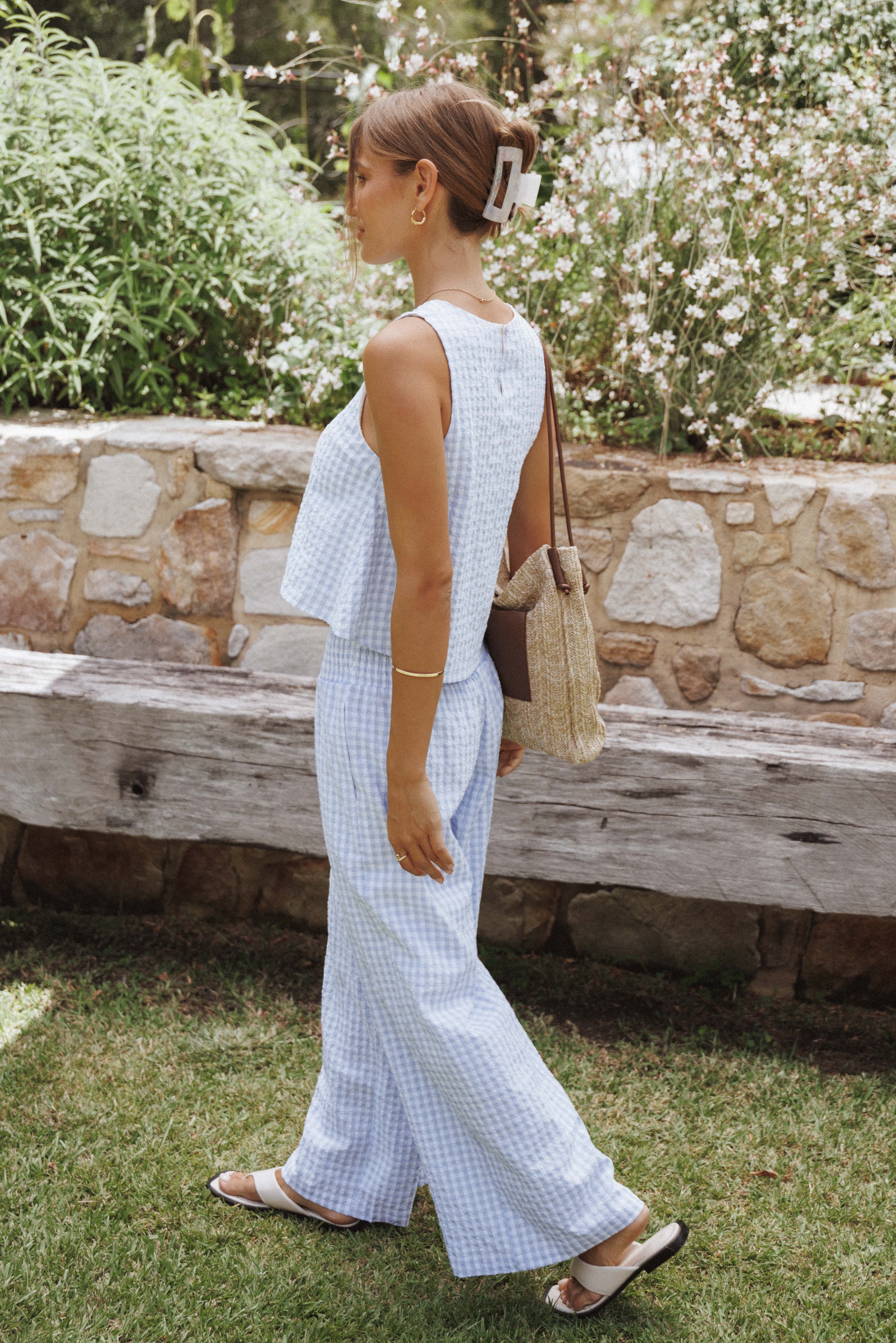 Jillian Smocked Pant Set - Blue Gingham