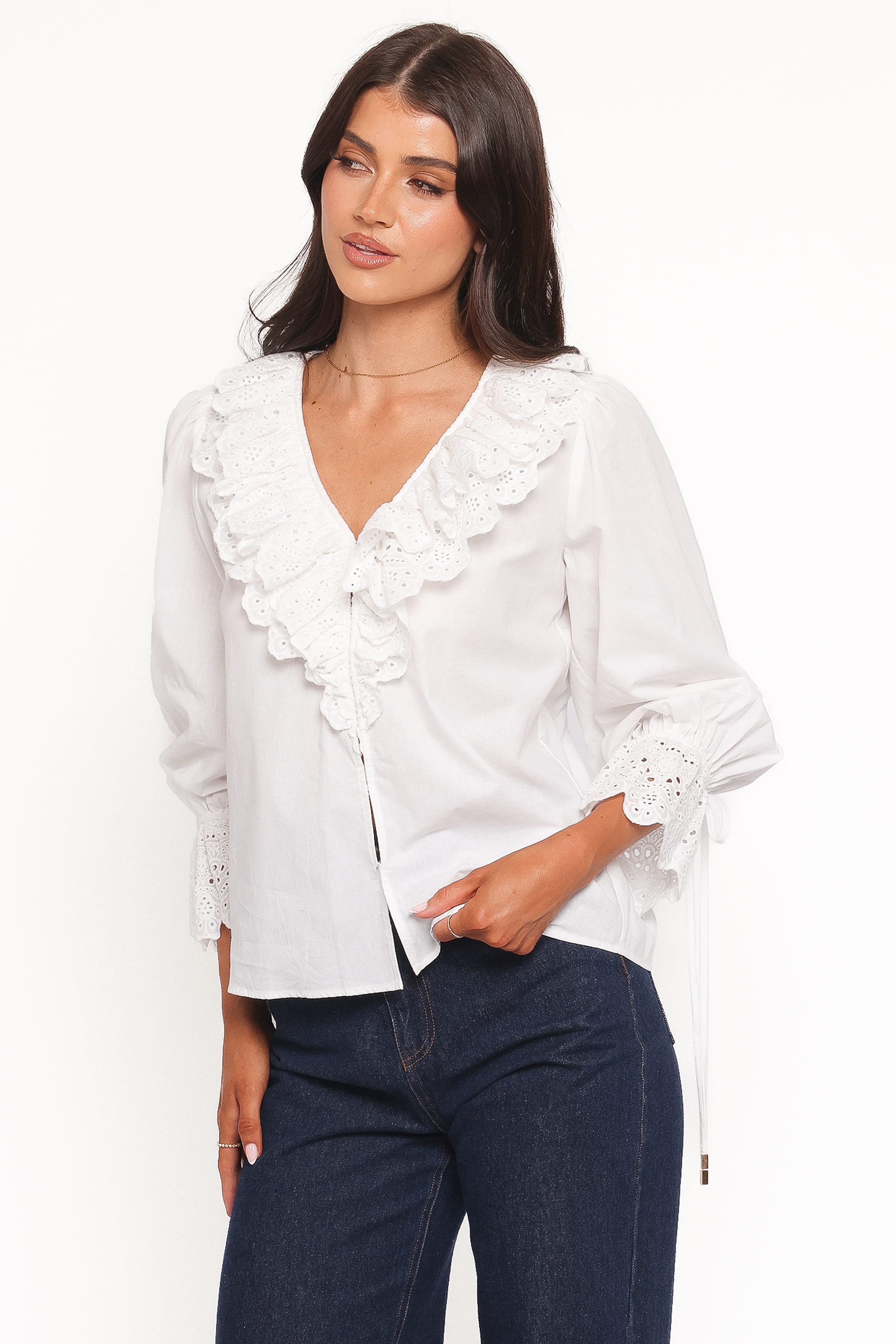 Aelwen Ruffle Blouse - White Embroidery
