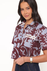 Aine Cropped Short Sleeve Shirt - Burgundy Floral