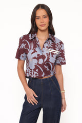 Aine Cropped Short Sleeve Shirt - Burgundy Floral