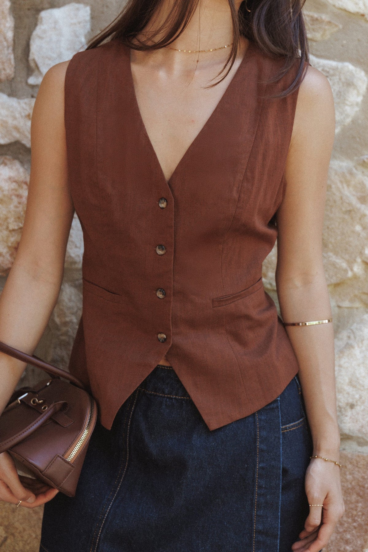 Bell Linen Vest - Brown