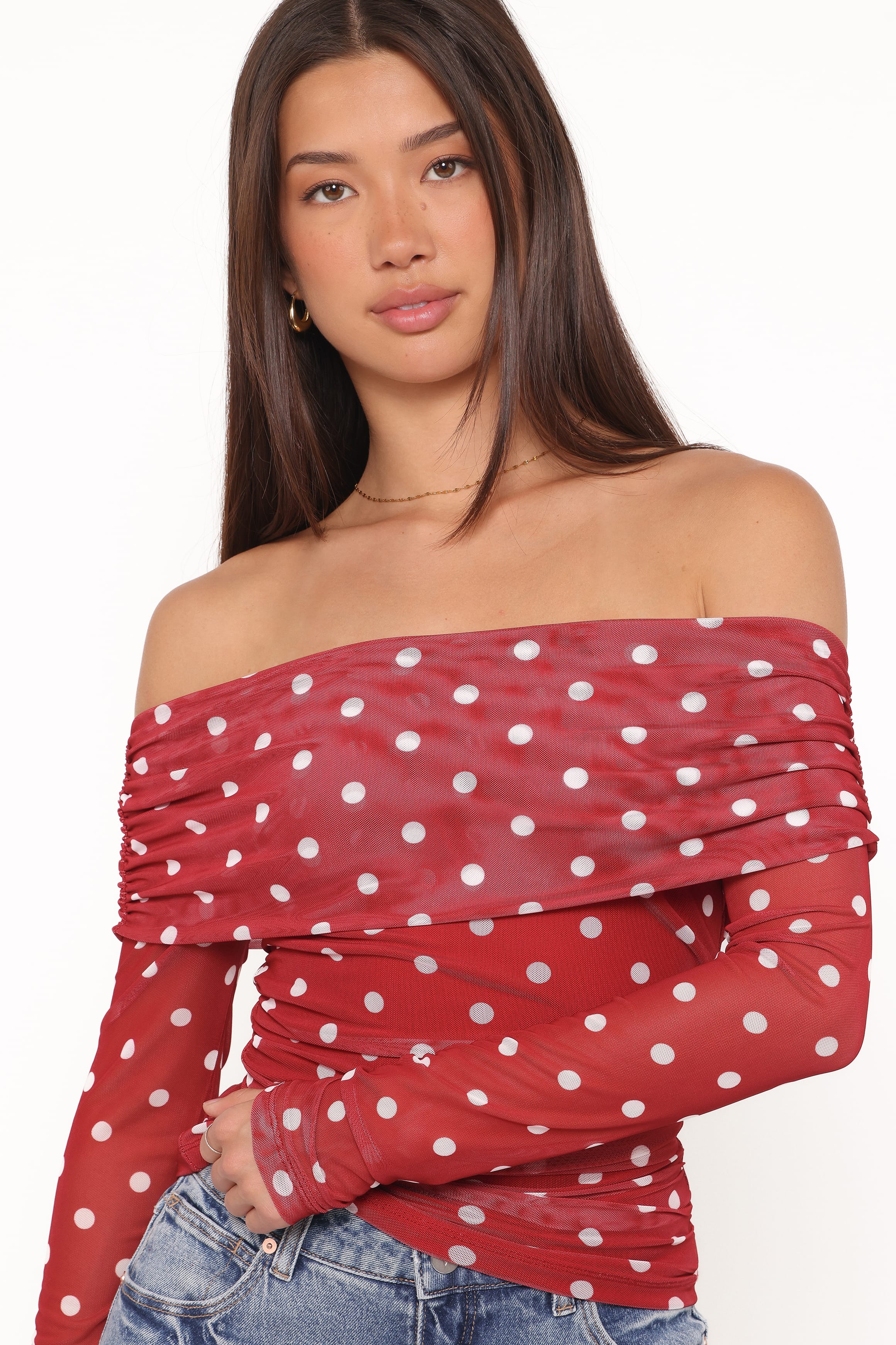Caelira Off Shoulder Top - Red Polka Dot