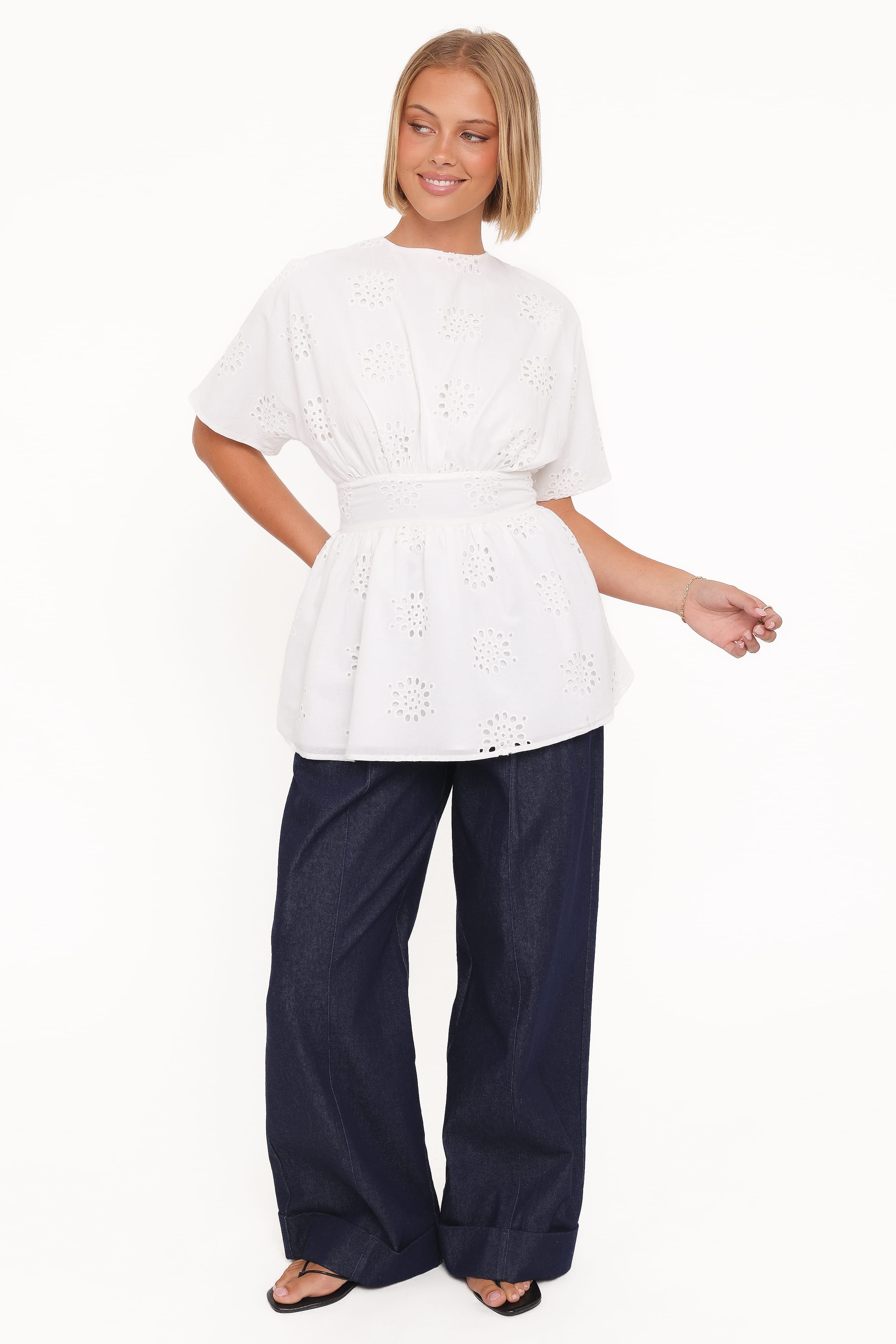 Carmel Tie Back Tunic Top - White Embroidery