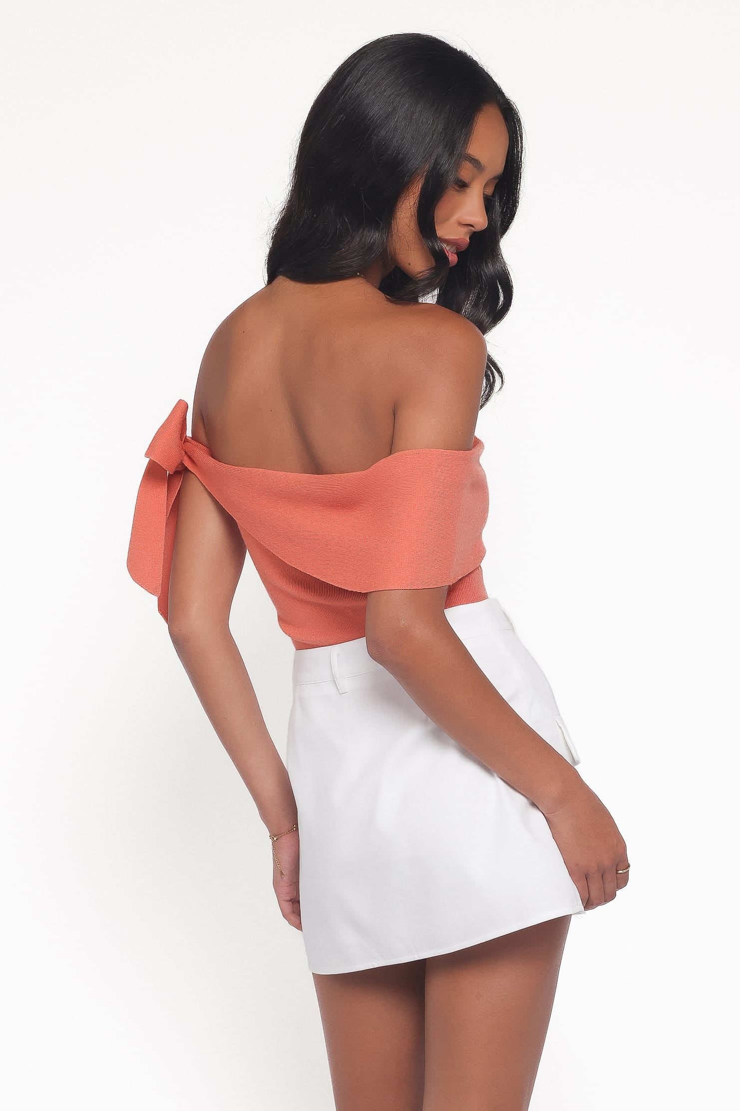 Charama Off Shoulder Knit Top - Peach