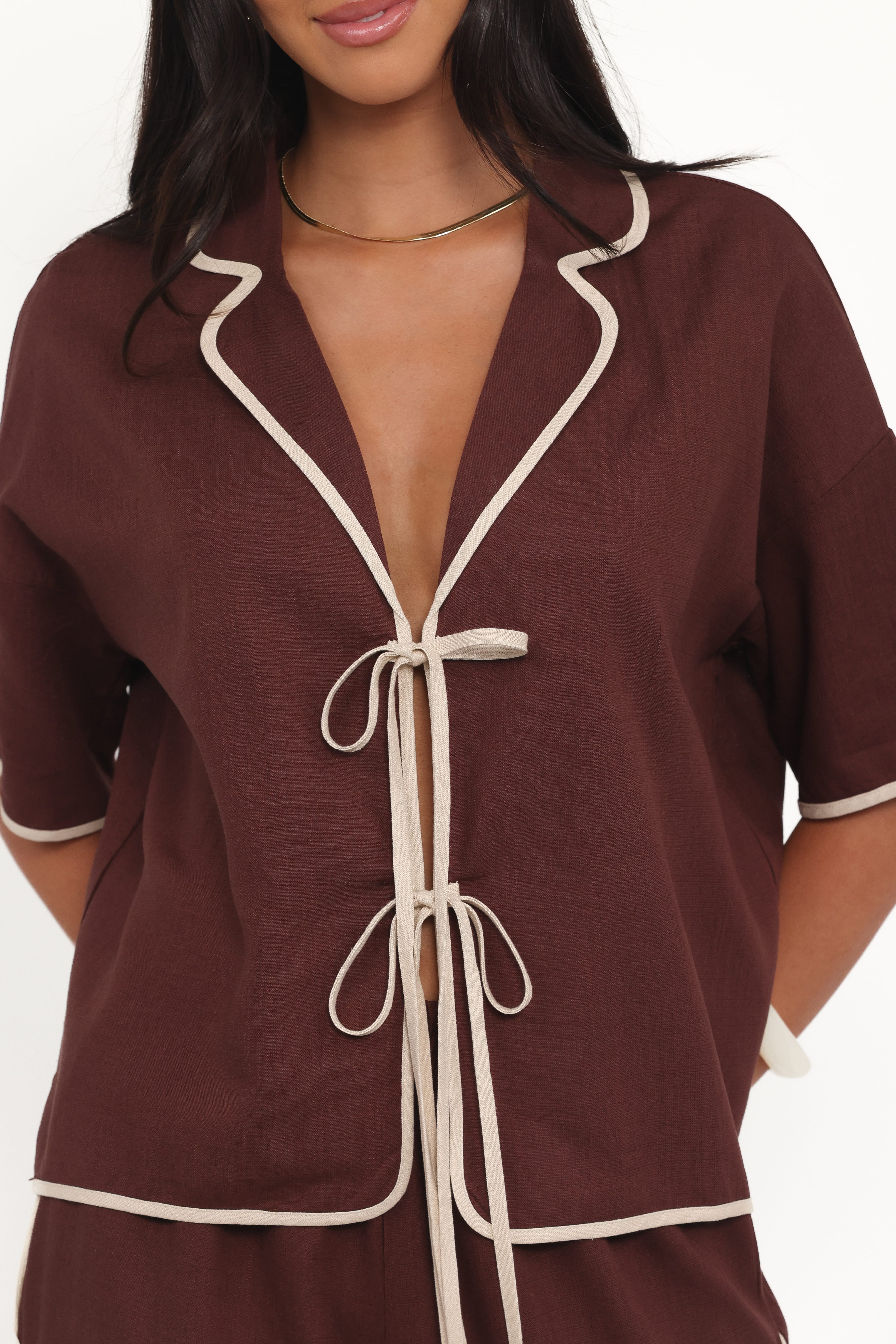 Dalton Tie Top - Brown Cream