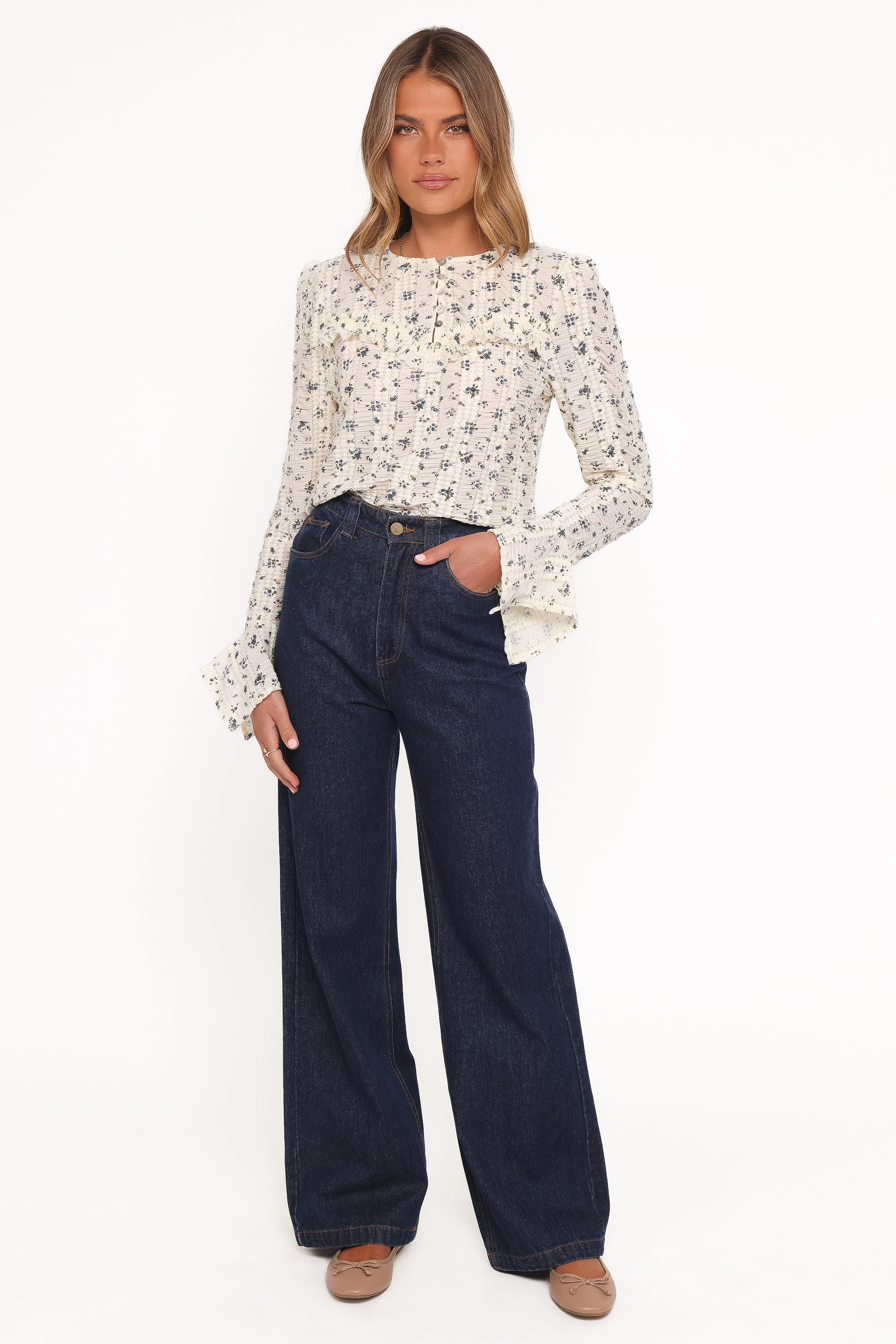 Eira Textured Ruffle Top - Cream Blue Floral