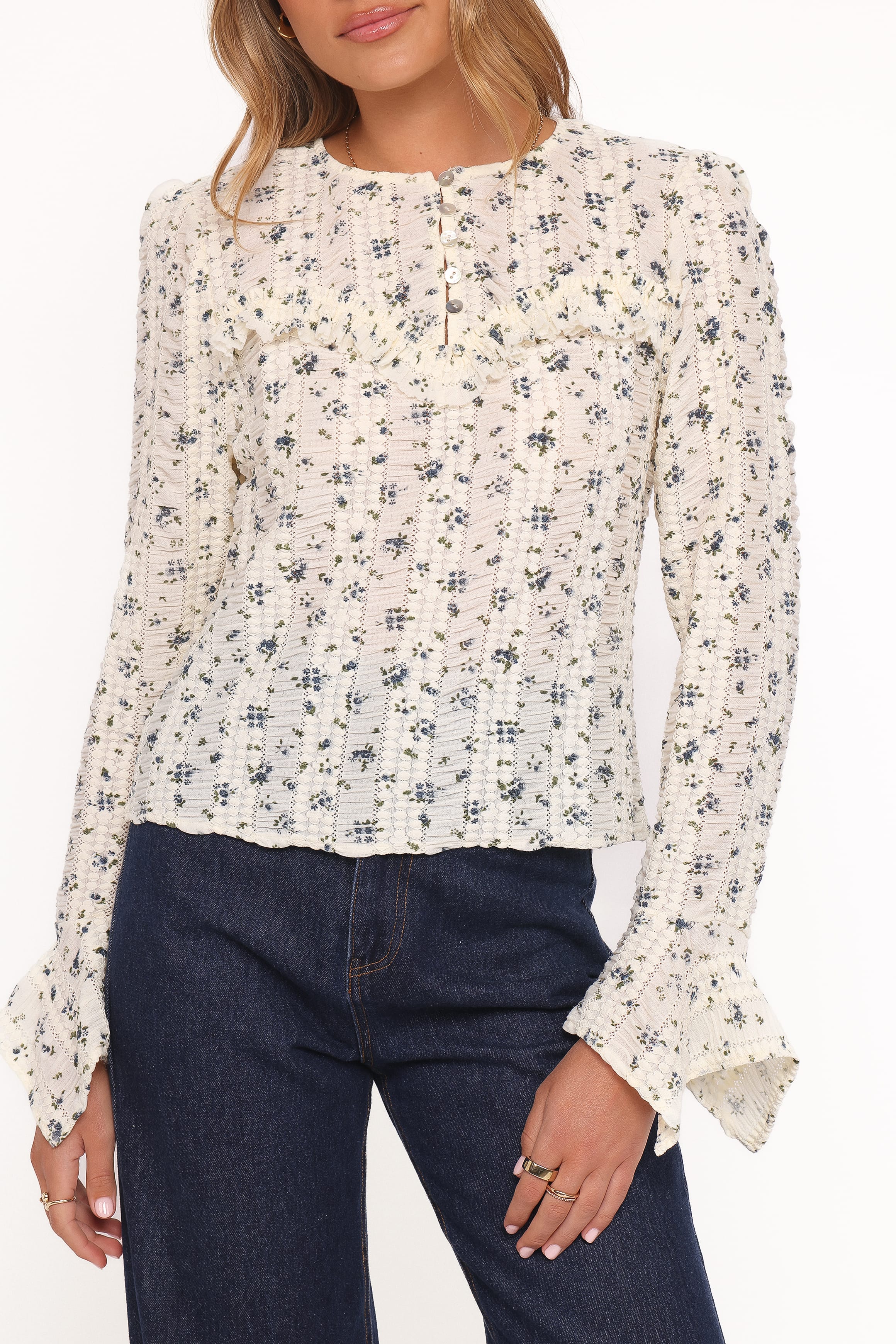 Eira Textured Ruffle Top - Cream Blue Floral