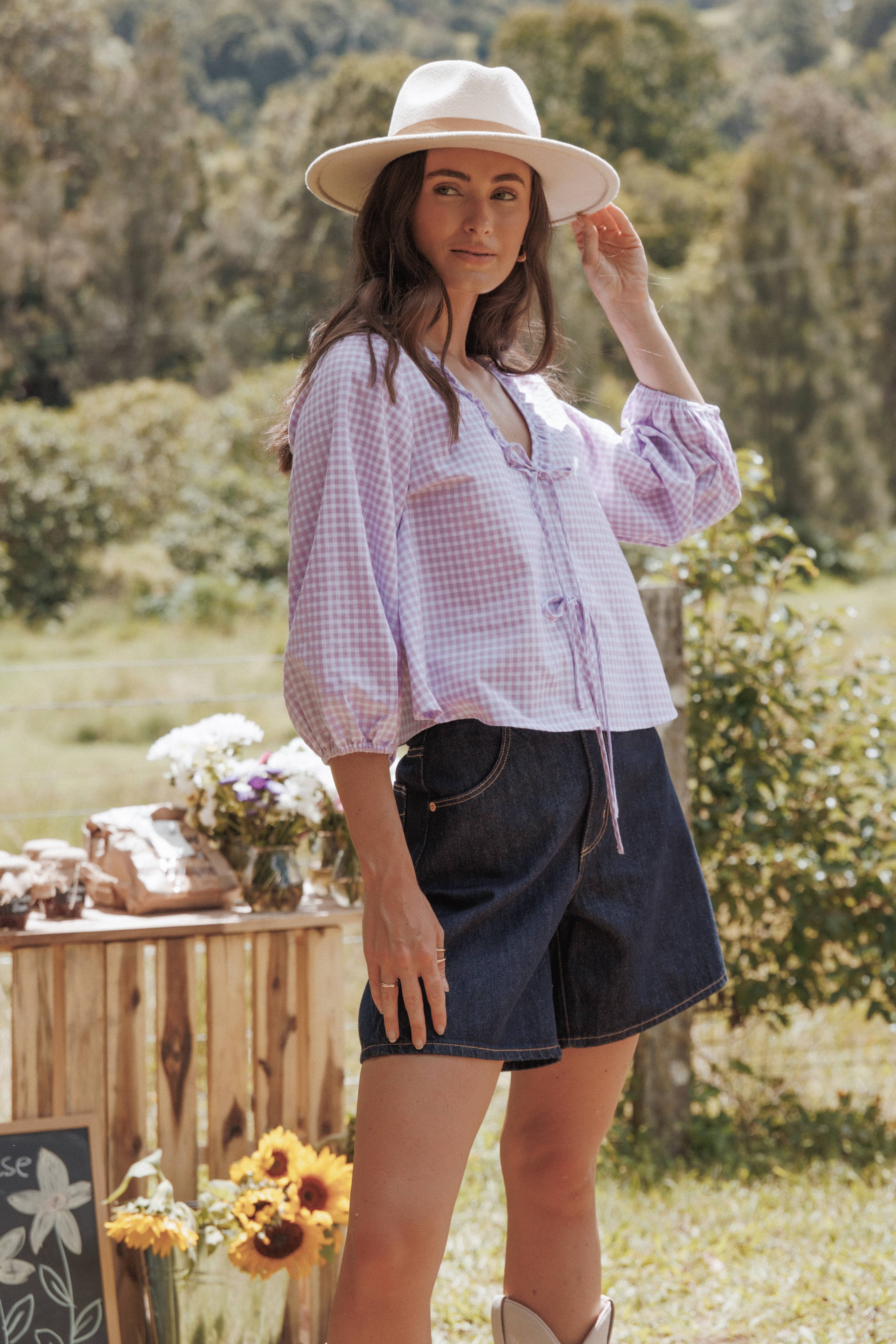 Fainche Front Tie Top - Lilac Gingham