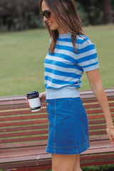 Joss Cropped Knitted Tee - Blue Stripe