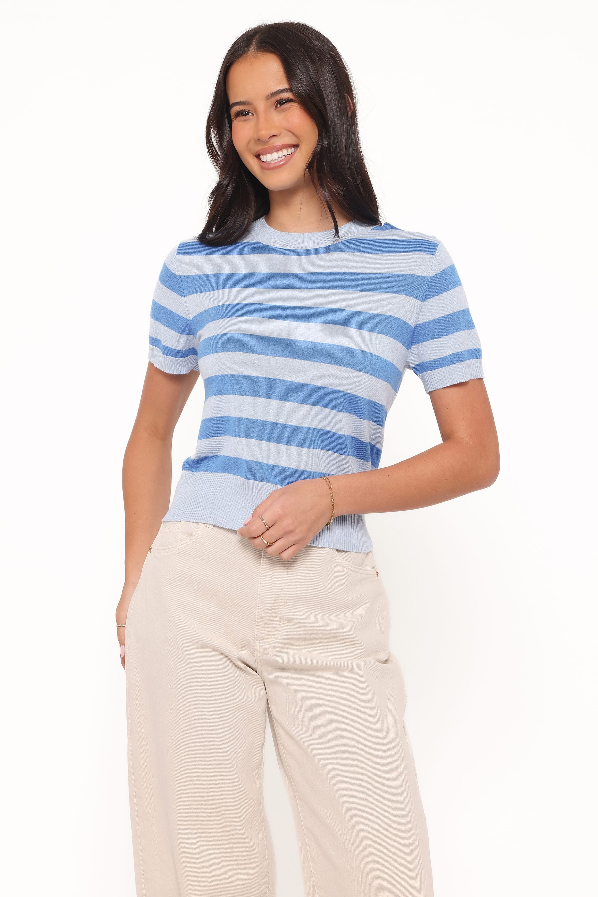 Joss Cropped Knitted Tee - Blue Stripe