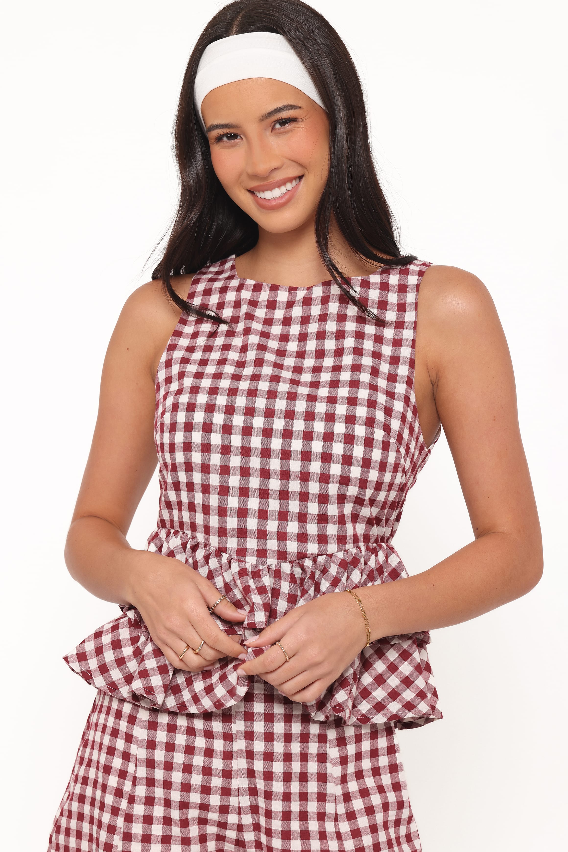 Landon Tiered Peplum Top - Burgundy Gingham
