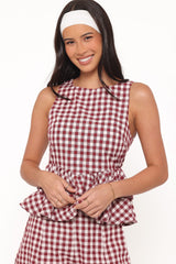 Landon Tiered Peplum Top - Burgundy Gingham