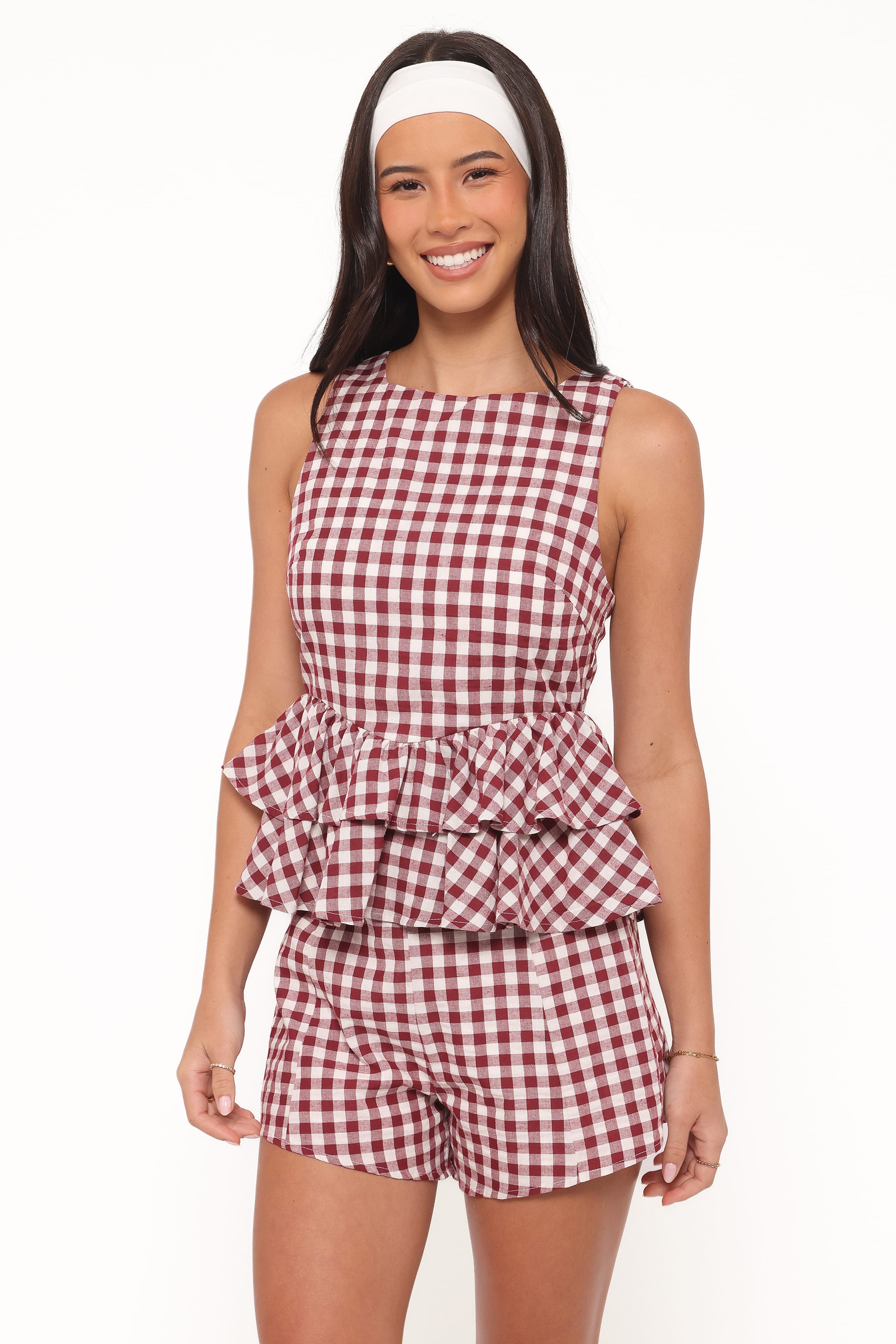 Landon Tiered Peplum Top - Burgundy Gingham
