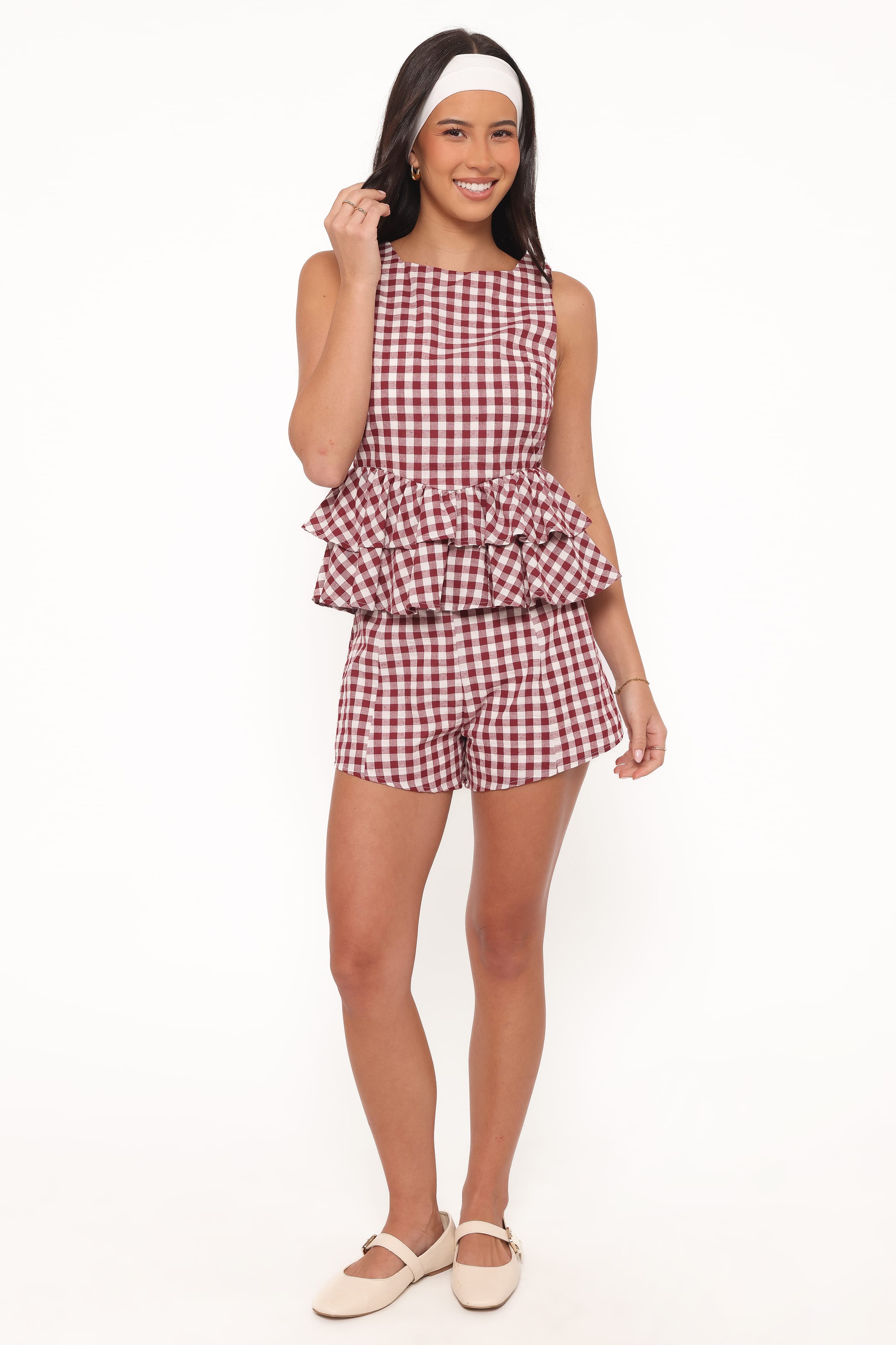 Landon Tiered Peplum Top - Burgundy Gingham