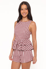 Landon Tiered Peplum Top - Burgundy Gingham