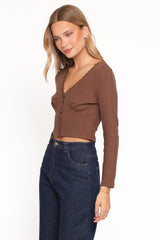 Leslie Long Sleeve Textured Button Front Top - Chocolate