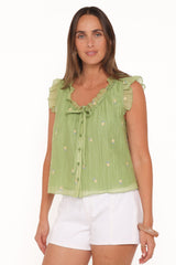 Lumi Embroidered Ruffle Top - Green