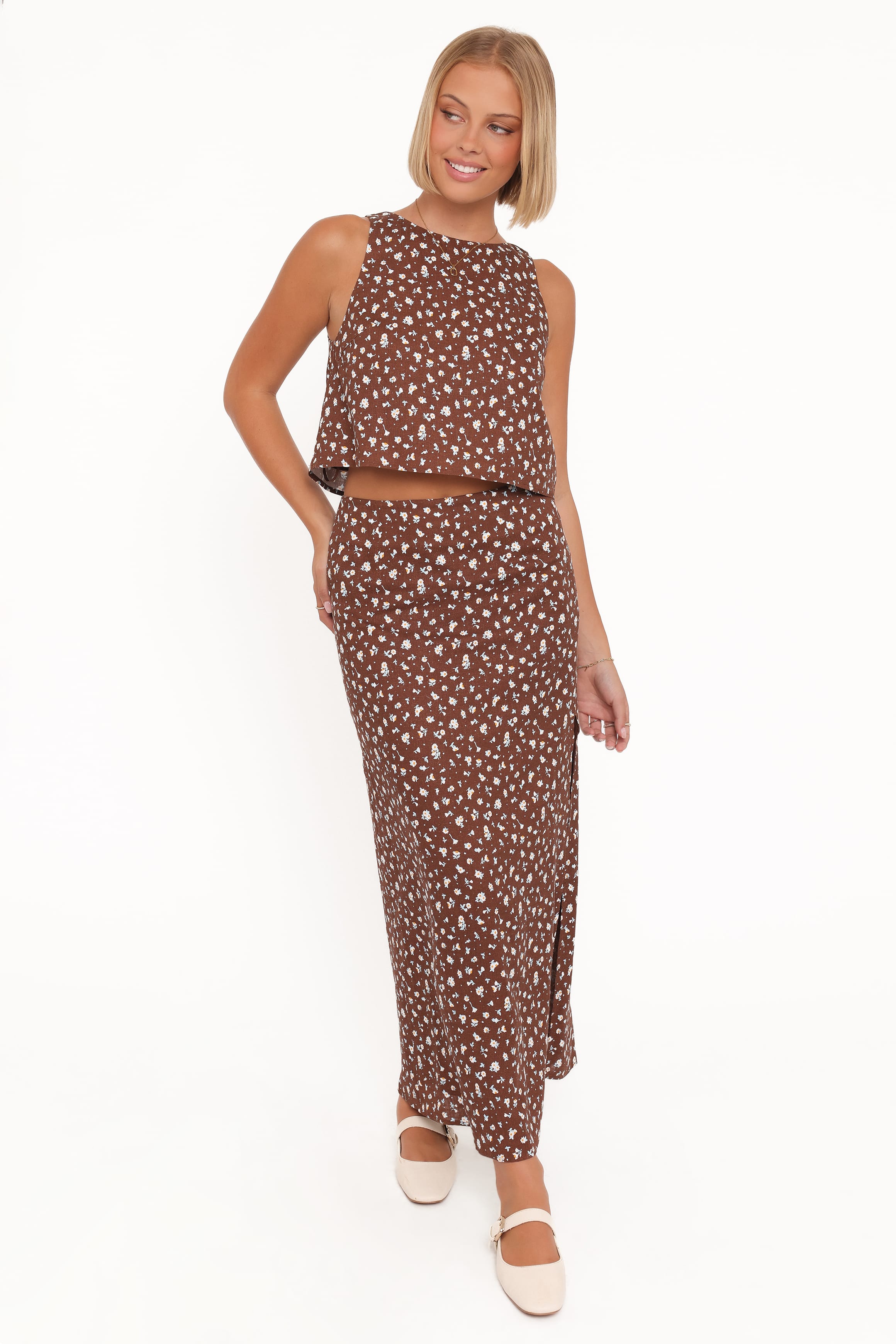 Madison Linen Cropped Tank - Brown Floral