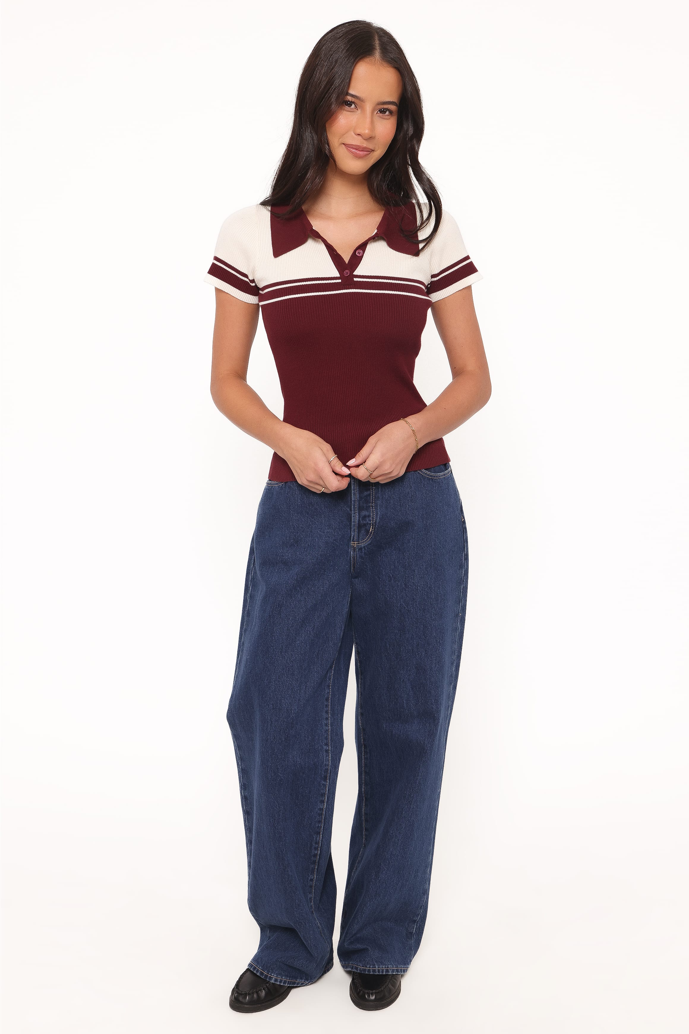 Maris Knit Polo Top - Burgundy/Cream Stripe