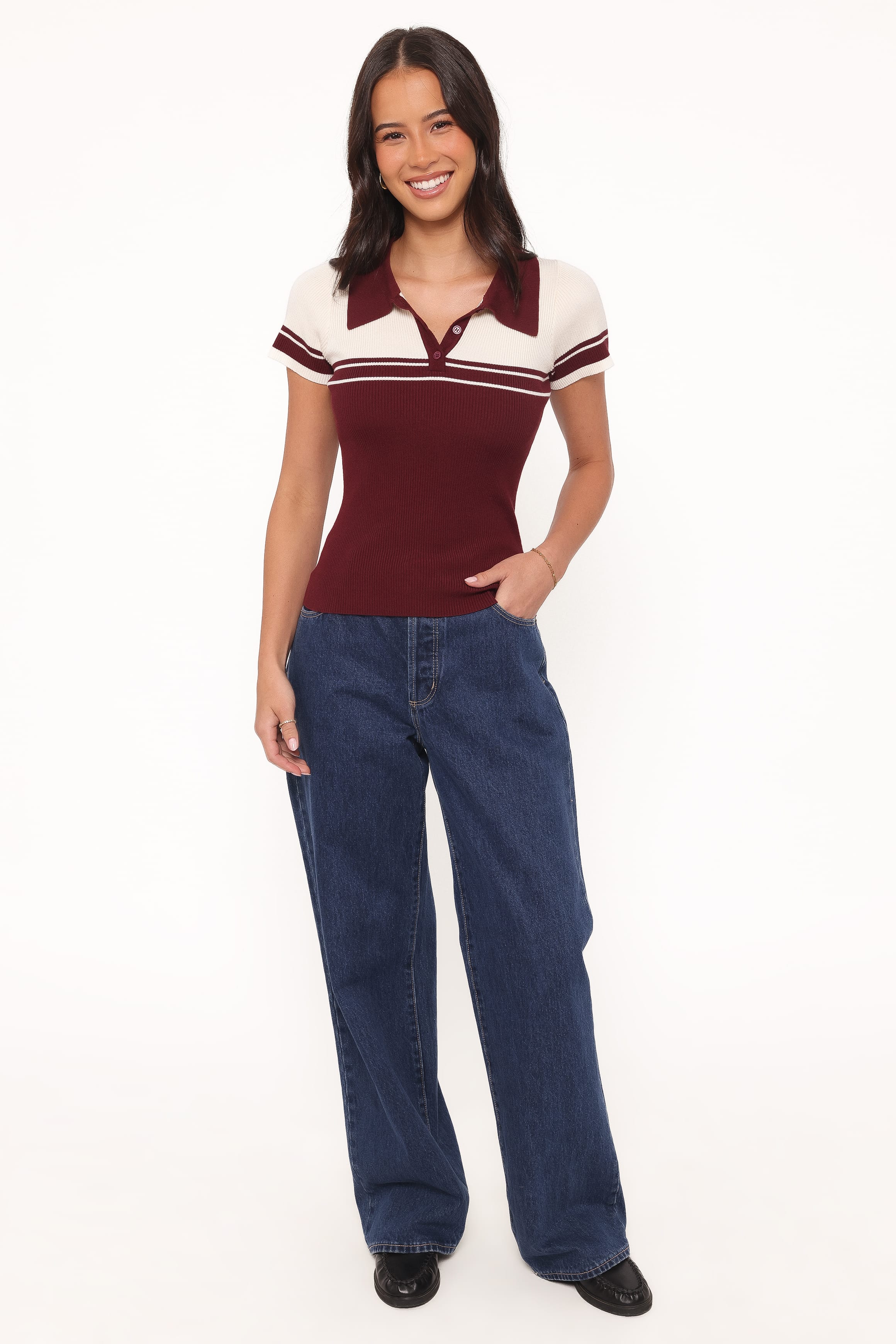 Maris Knit Polo Top - Burgundy/Cream Stripe