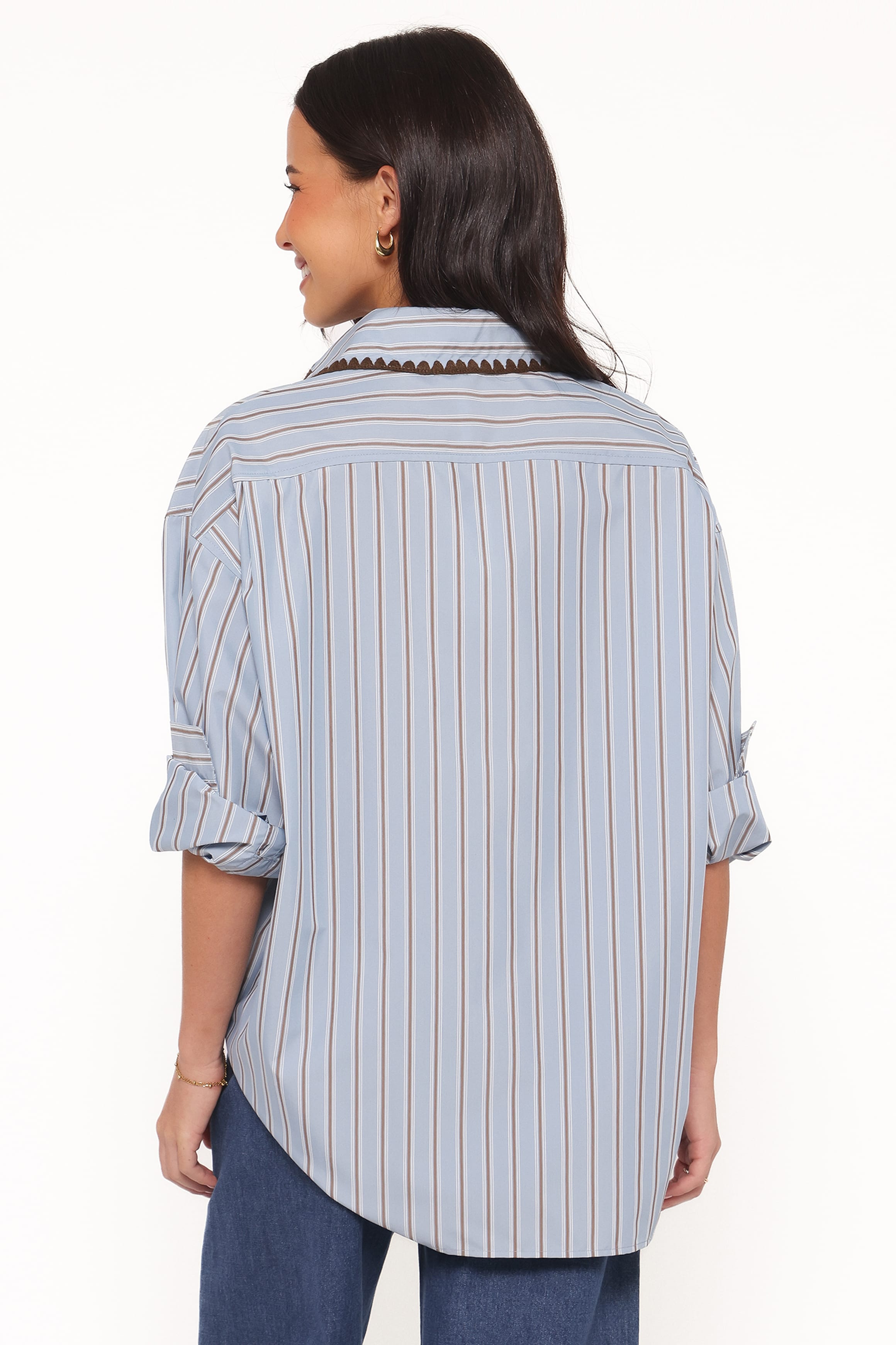 Mila Button Up Shirt - Blue/Brown Stripe