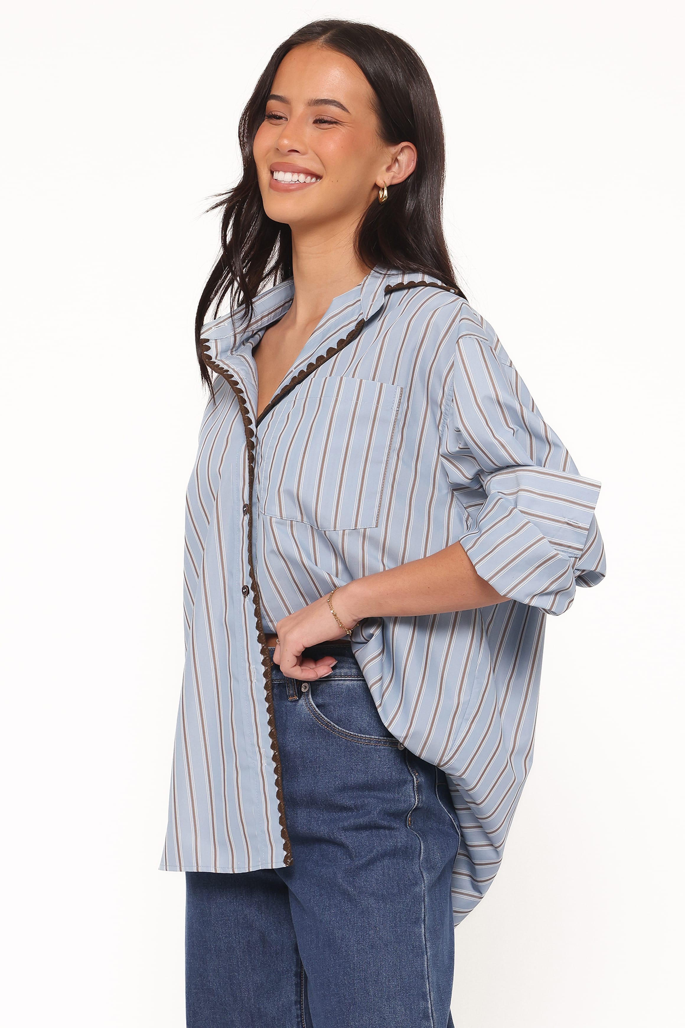Mila Button Up Shirt - Blue/Brown Stripe