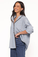 Mila Button Up Shirt - Blue/Brown Stripe