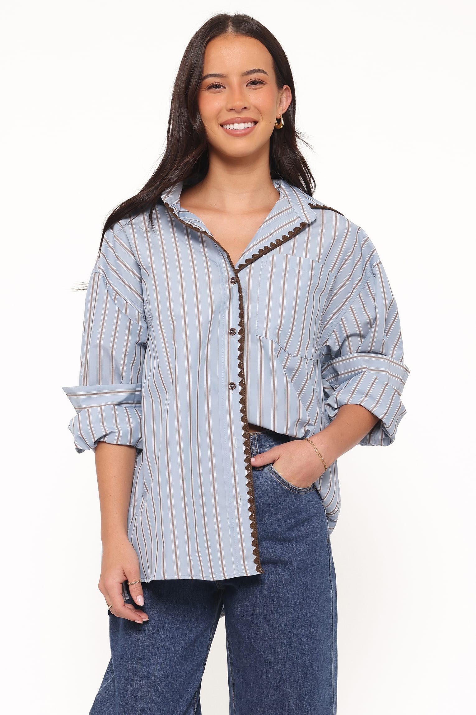 Mila Button Up Shirt - Blue/Brown Stripe