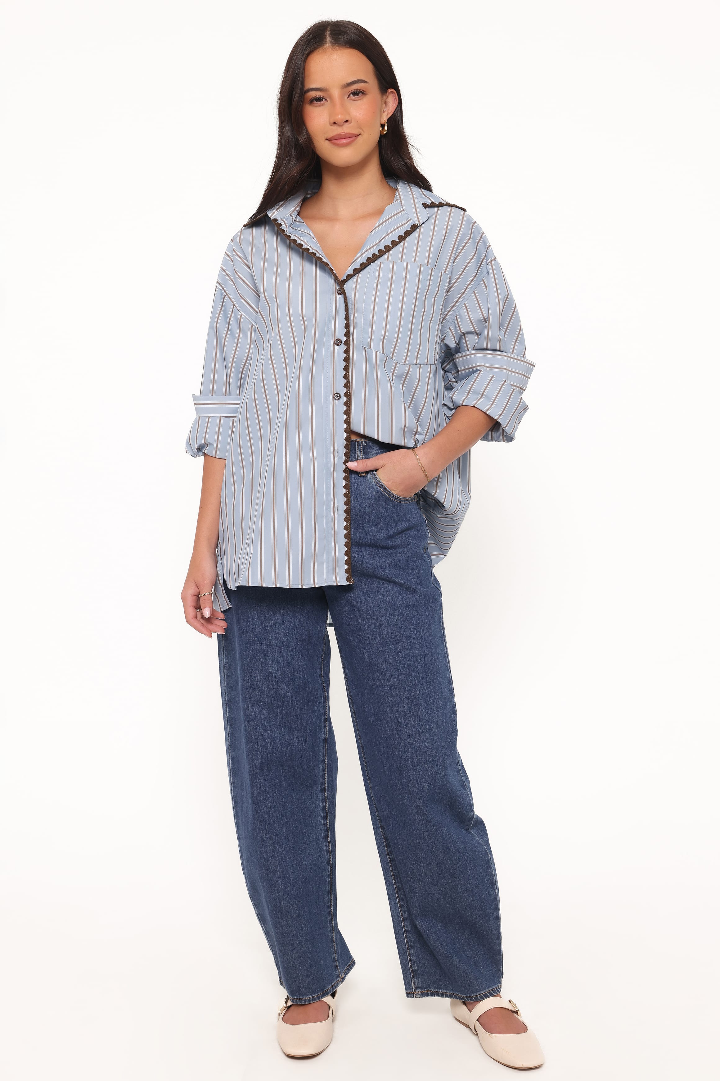 Mila Button Up Shirt - Blue/Brown Stripe