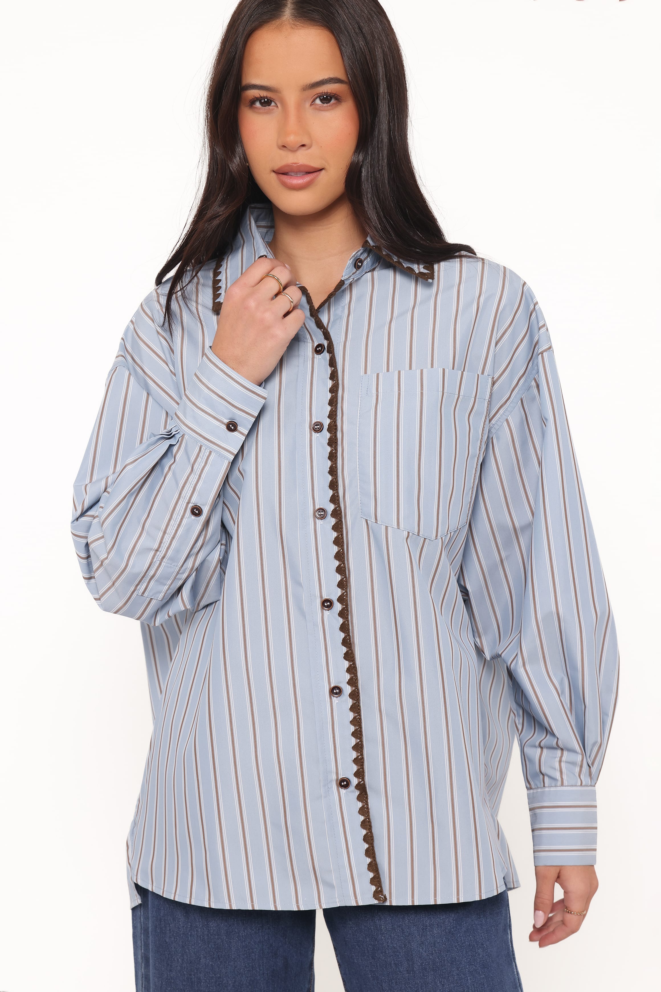 Mila Button Up Shirt - Blue/Brown Stripe