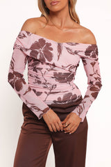 Navida Off Shoulder Mesh Top - Pink Brown Floral