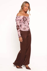 Navida Off Shoulder Mesh Top - Pink Brown Floral
