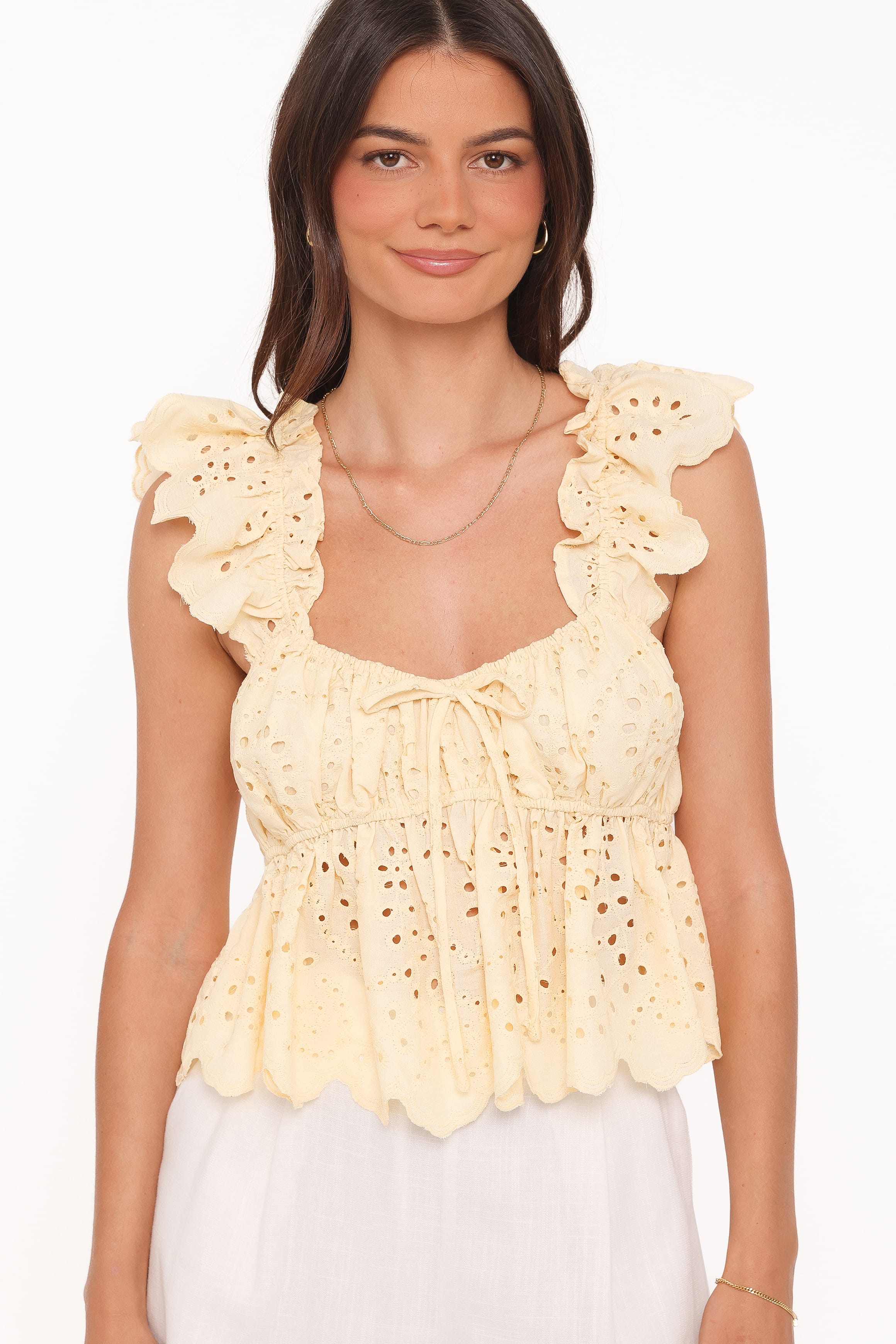 Regina Eyelet Ruffle Top - Butter Yellow