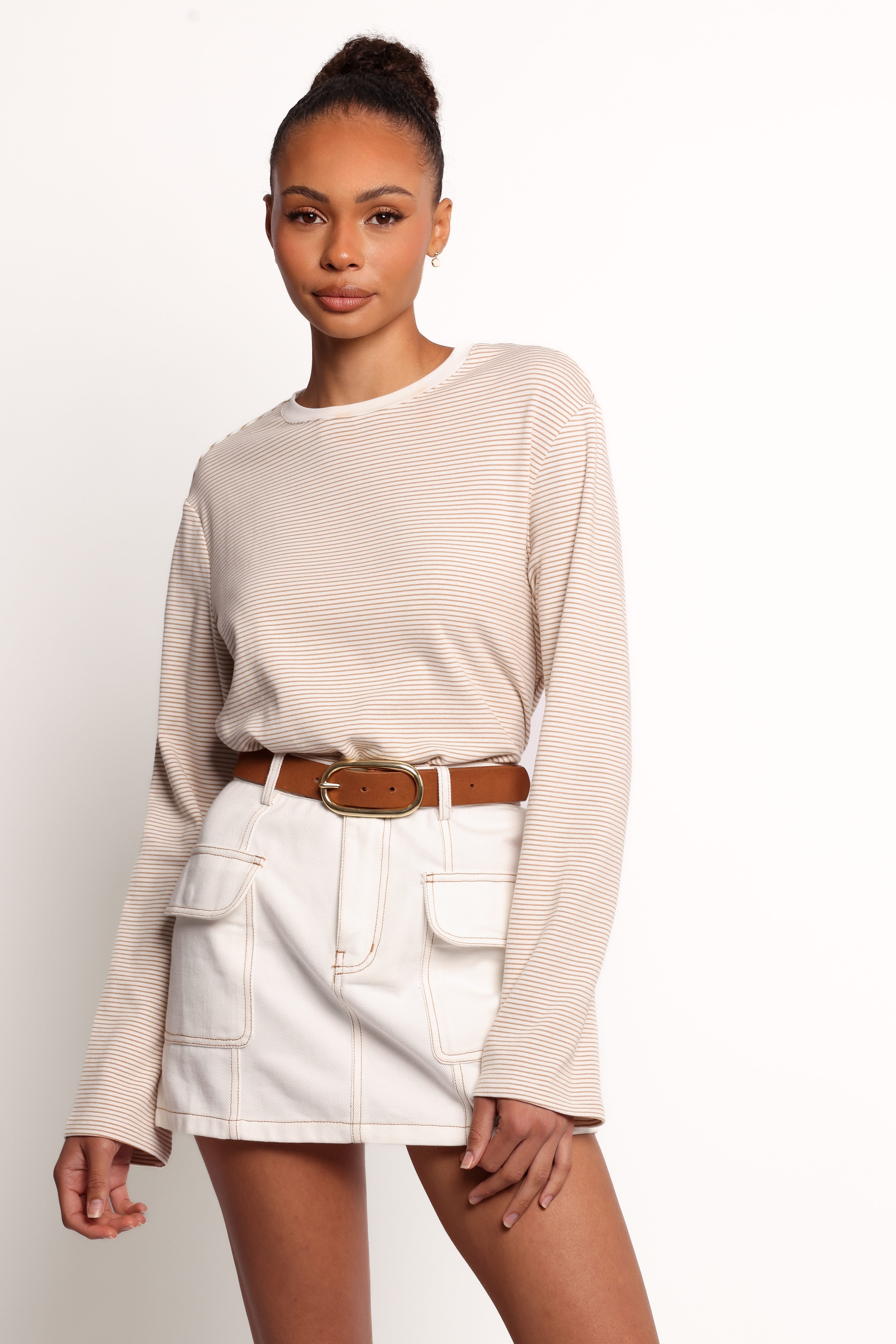Ruva Long Sleeve Tee - Beige White Stripe