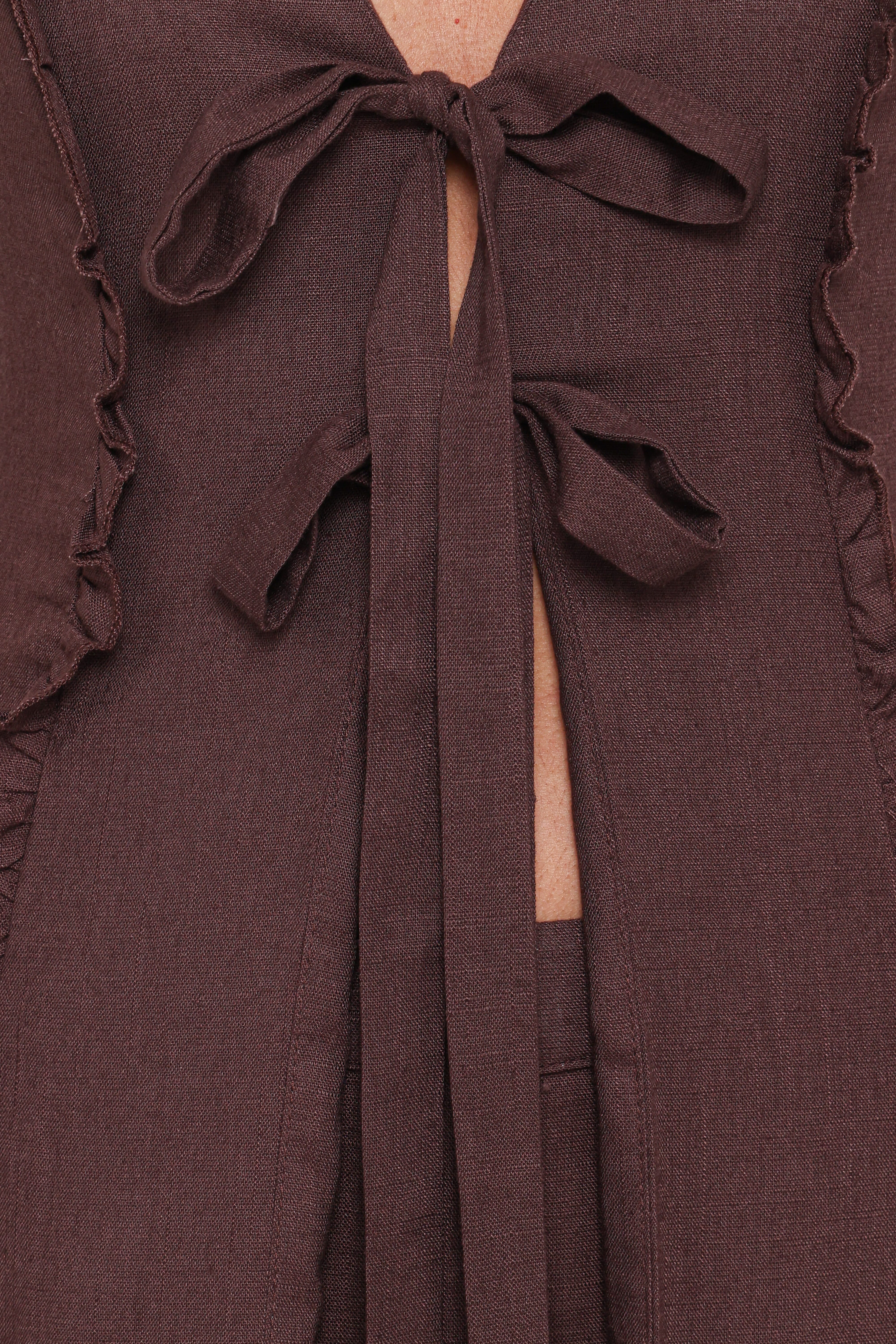 Sasha Frill Tie Front Top - Dark Brown