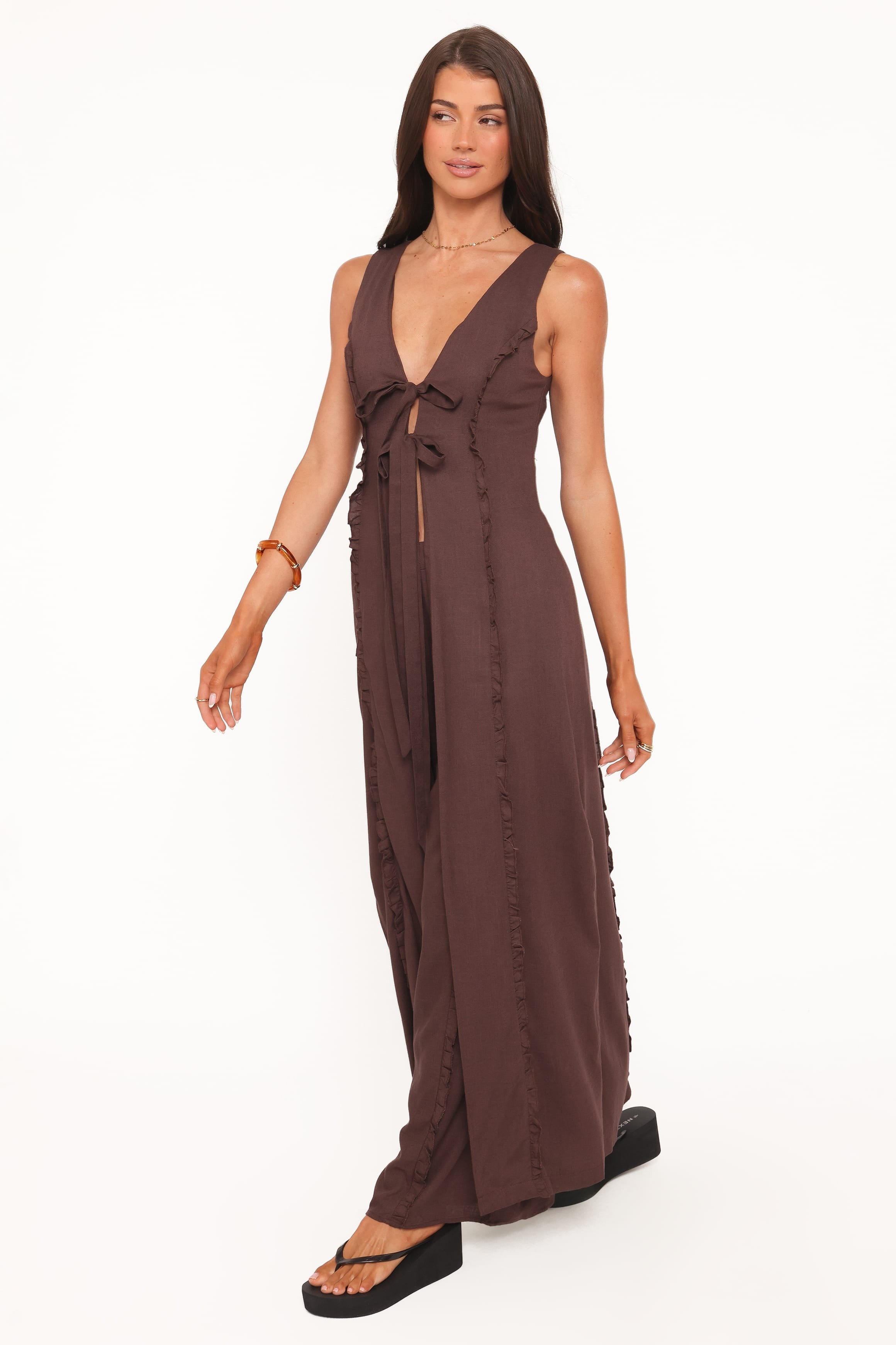 Sasha Frill Tie Front Top - Dark Brown