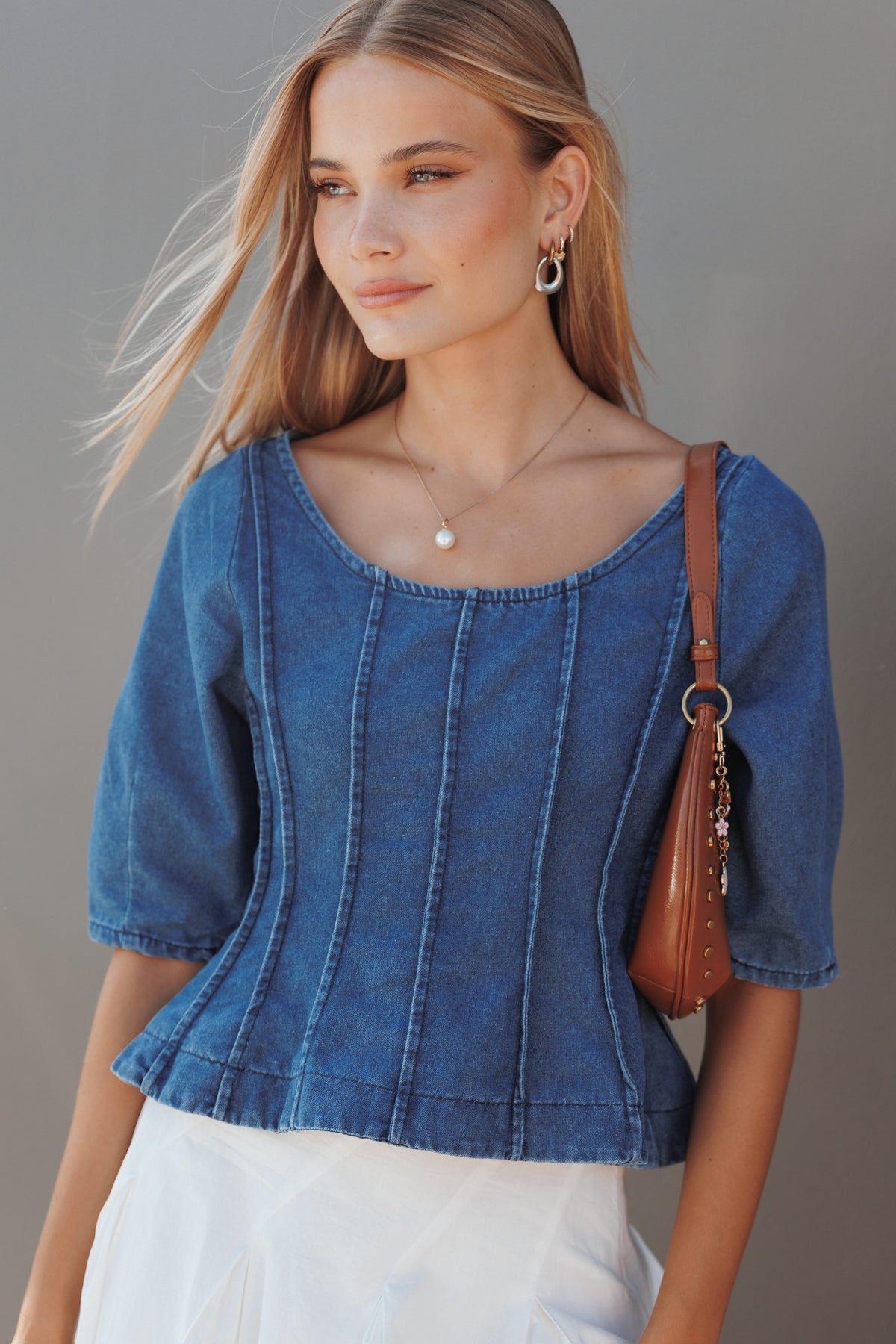 Saylor Denim Peplum Top - Blue Medium Wash