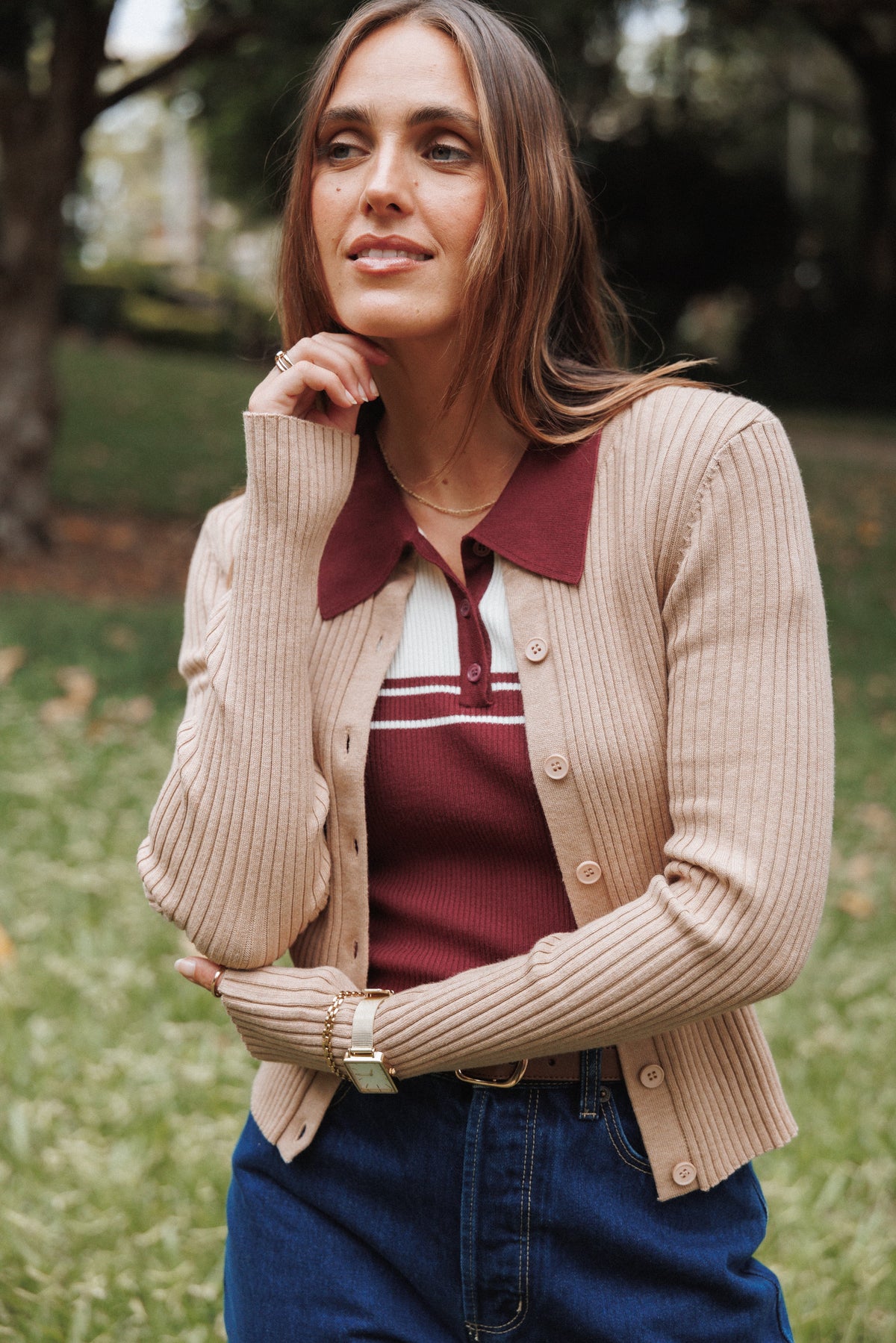 Searie Ribbed Cardigan Top - Warm Sand